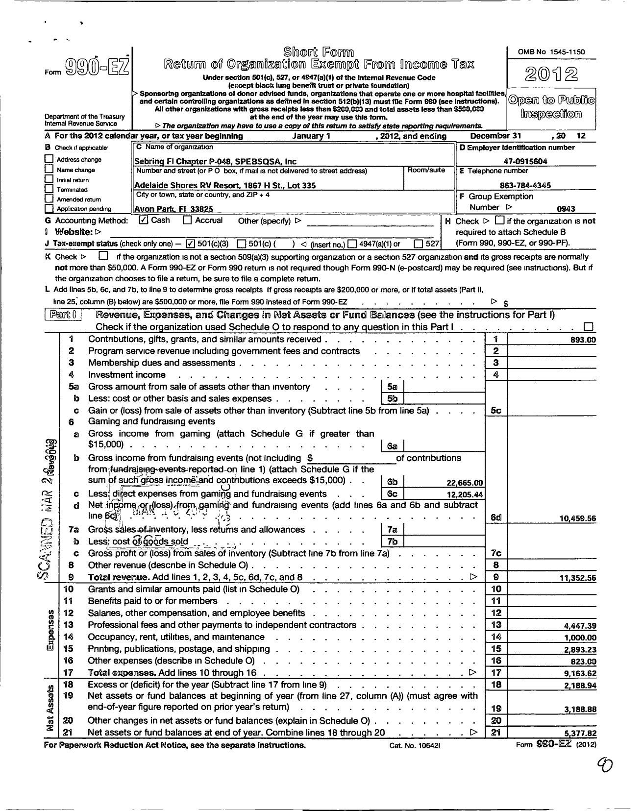 Image of first page of 2012 Form 990EZ for Barbershop Harmony Society - P048 Sebring