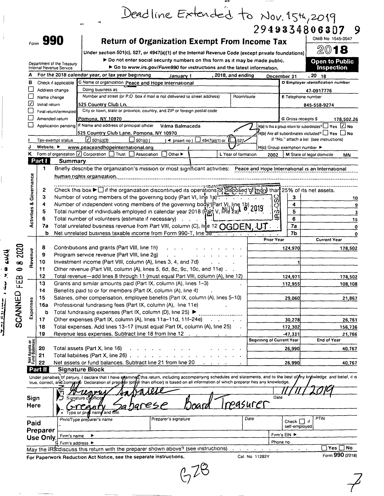 Image of first page of 2018 Form 990 for Peace and Hope International NC