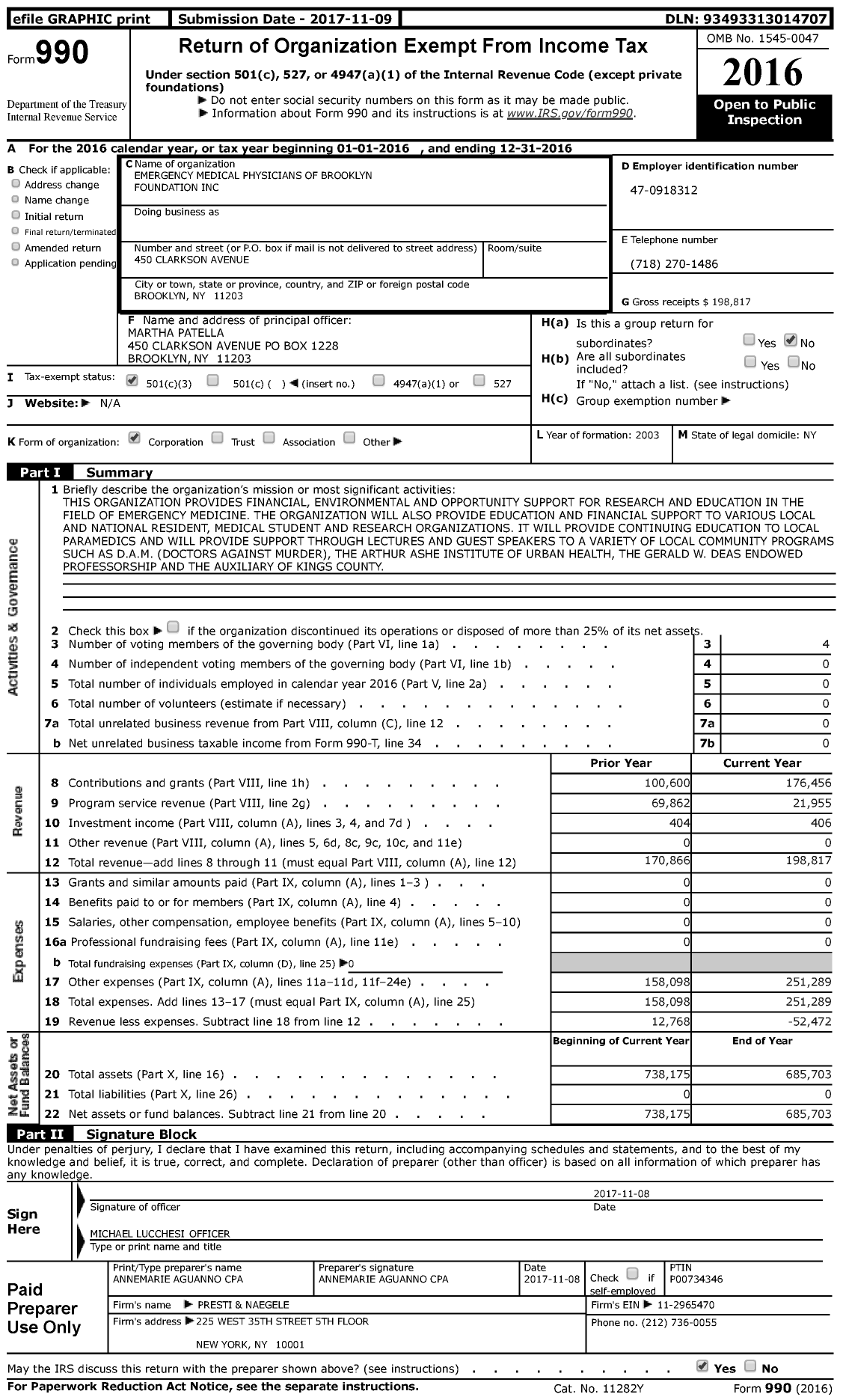 Image of first page of 2016 Form 990 for Emergency Medical Physicians of Brooklyn Foundation