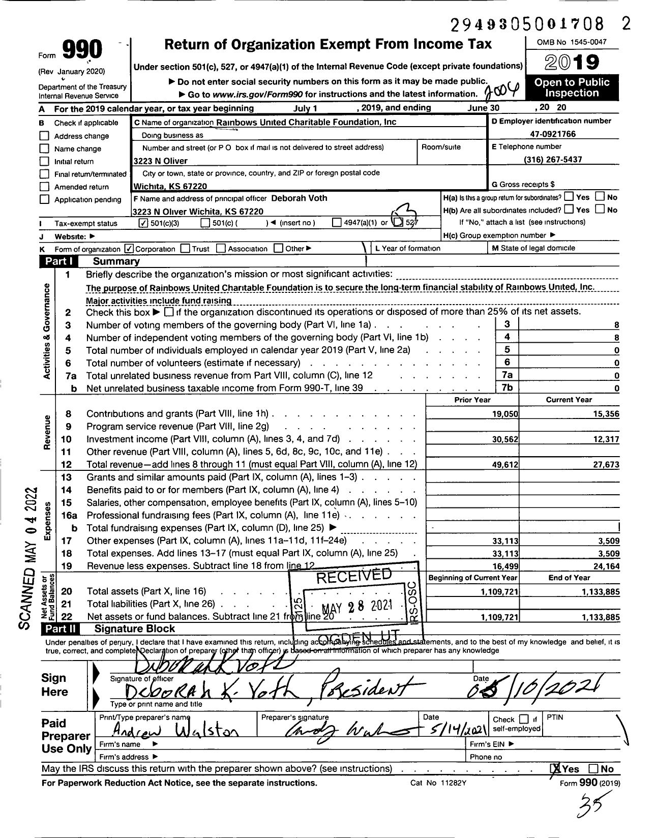 Image of first page of 2019 Form 990 for Rainbows United Charitable Foundation