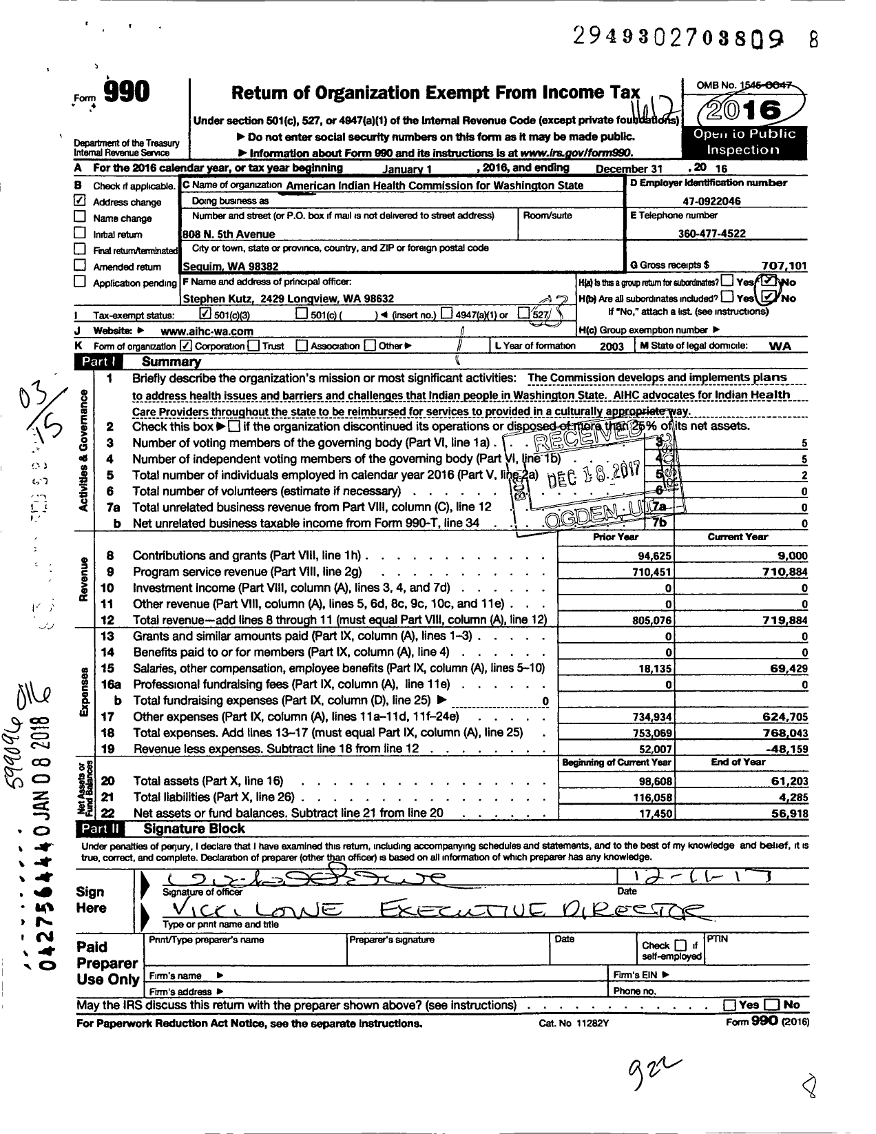 Image of first page of 2016 Form 990 for American Indian Health Commission for Washington State