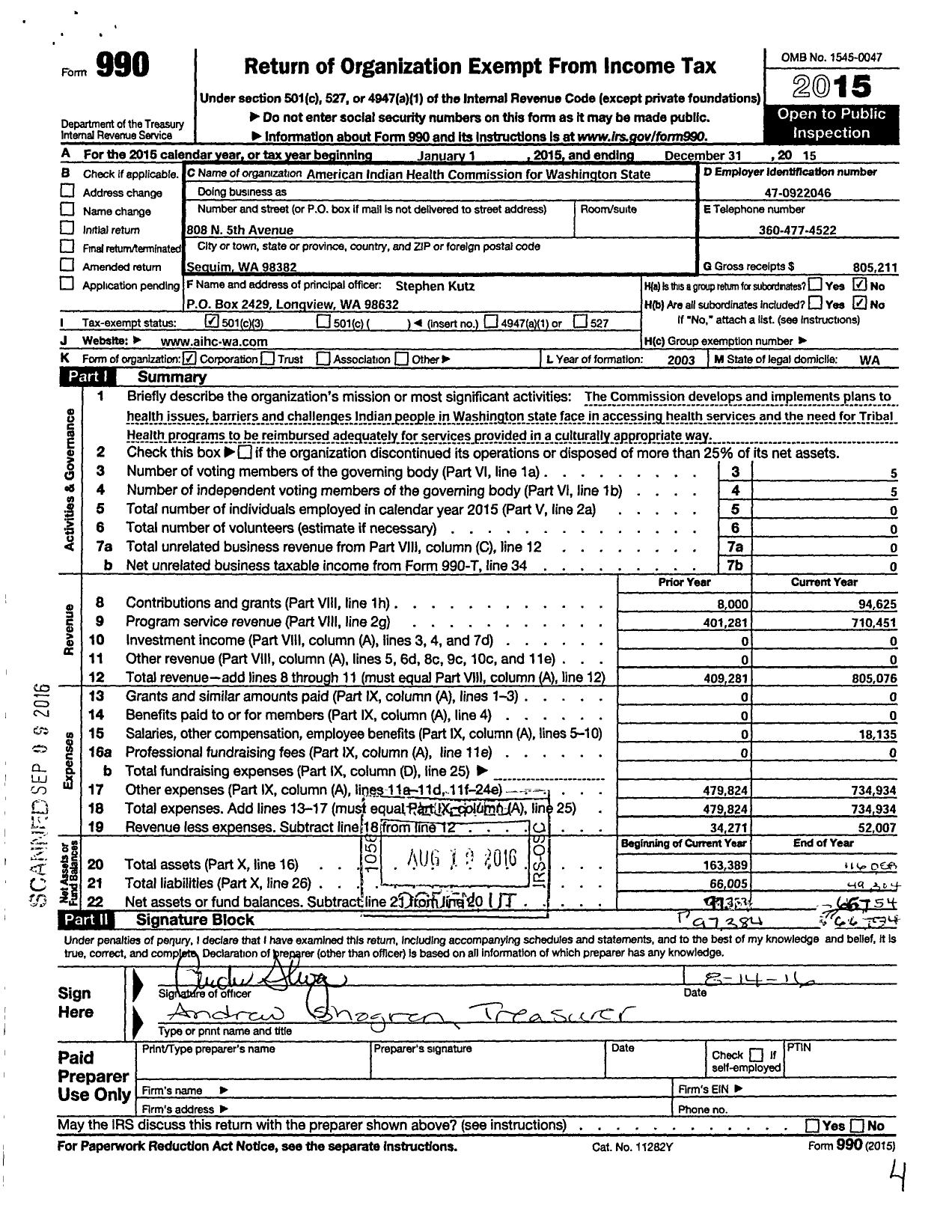 Image of first page of 2015 Form 990 for American Indian Health Commission for Washington State