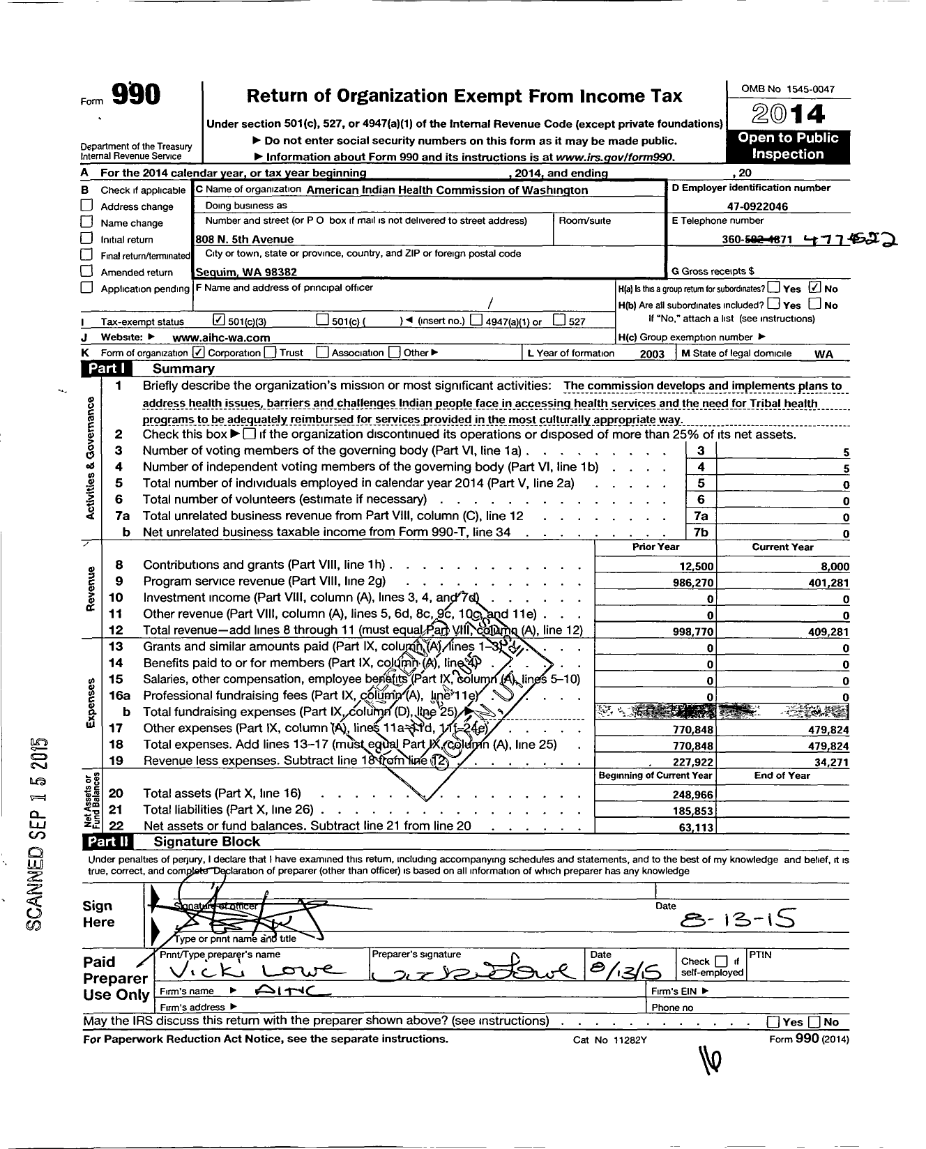 Image of first page of 2014 Form 990 for American Indian Health Commission for Washington State