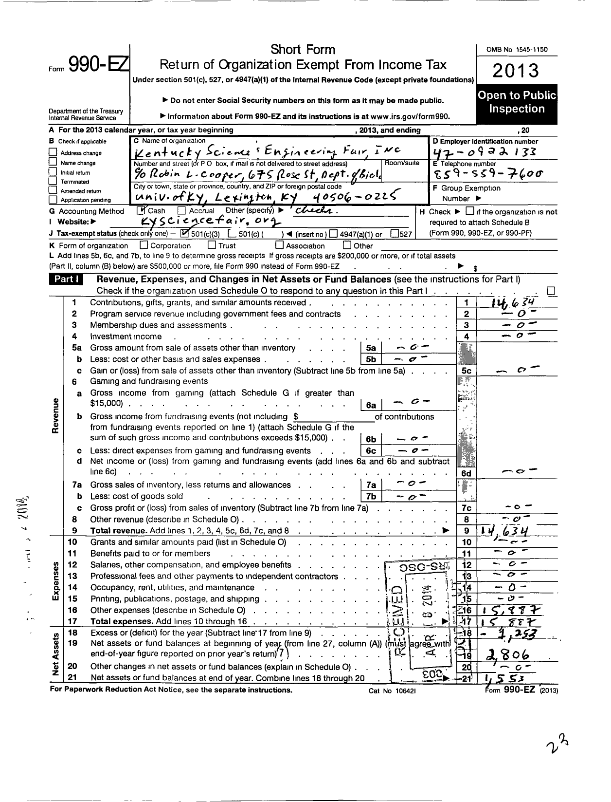 Image of first page of 2013 Form 990EZ for Kentucky Science and Engineering Fair