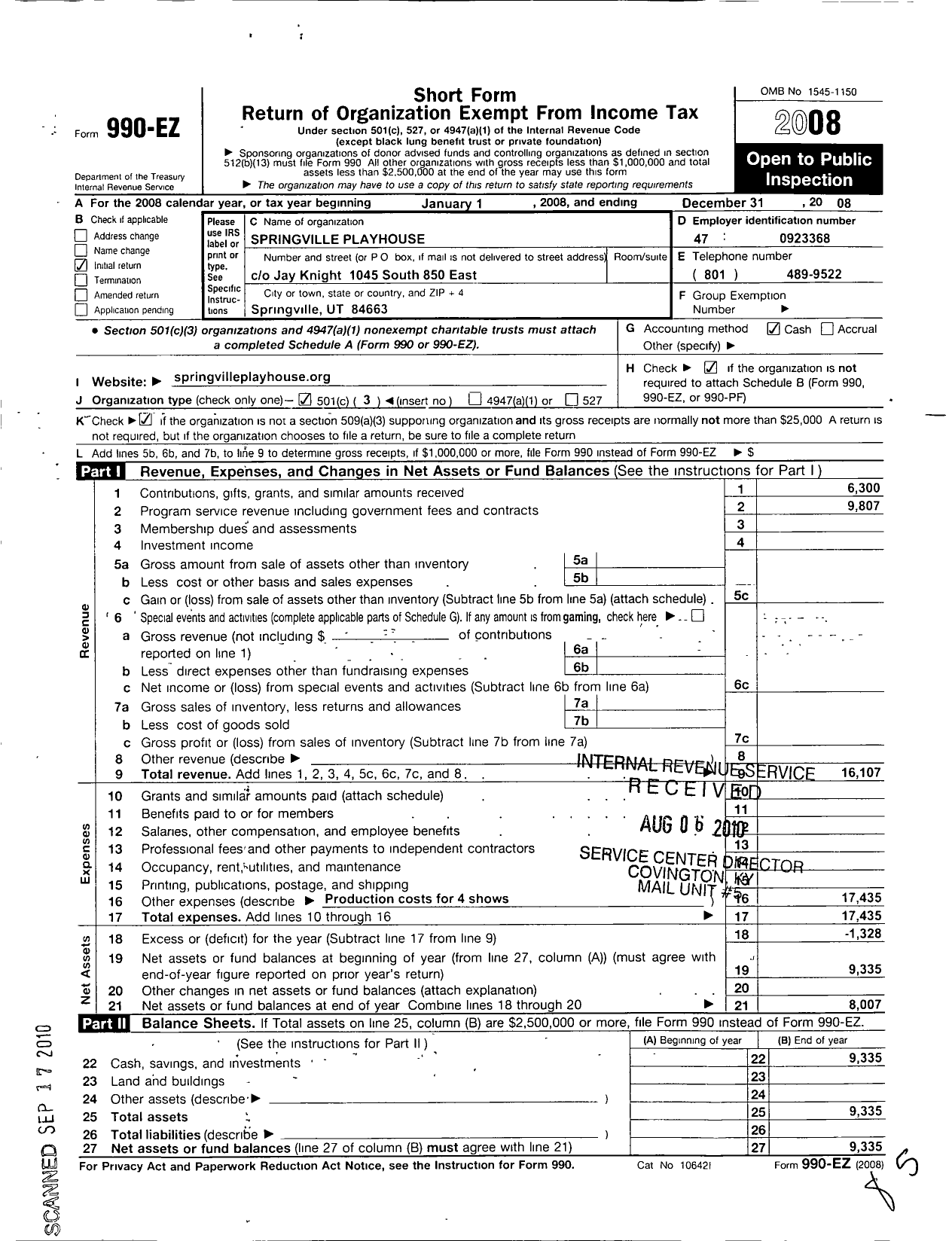 Image of first page of 2008 Form 990EZ for Springville Playhouse