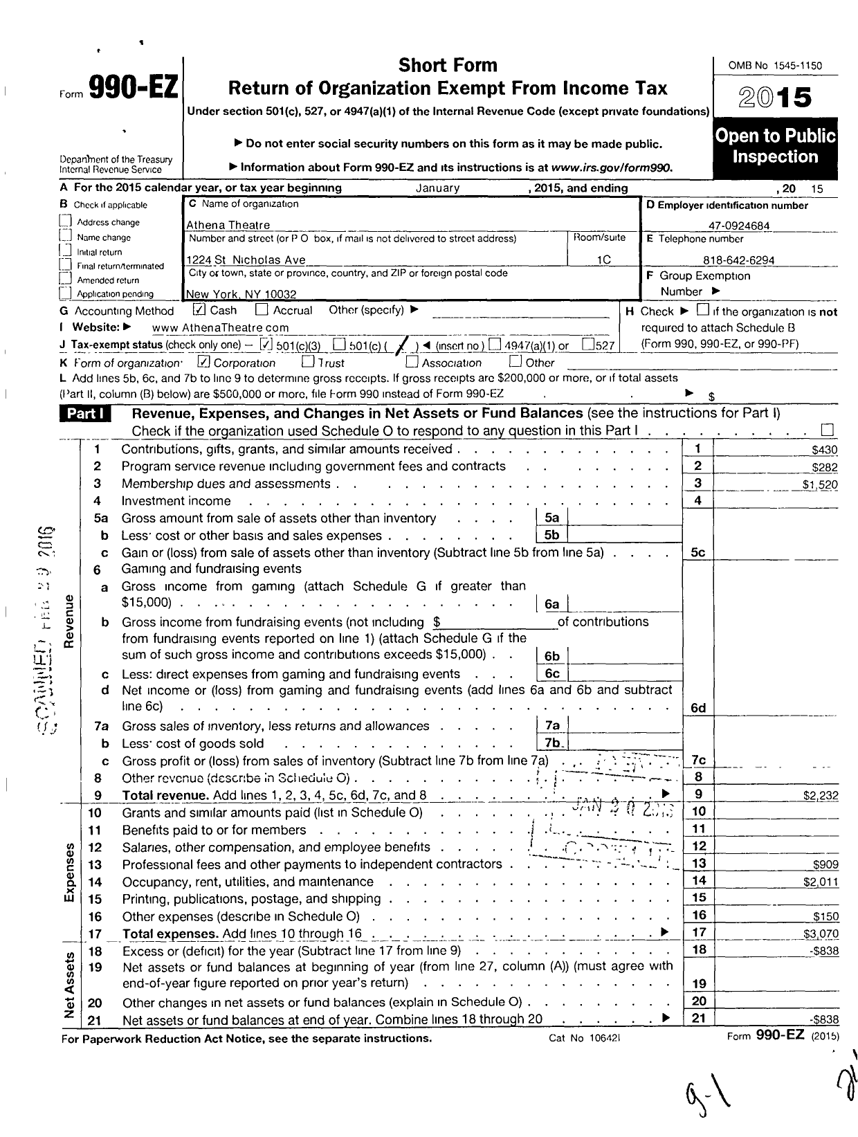 Image of first page of 2015 Form 990EZ for Athena Theatre