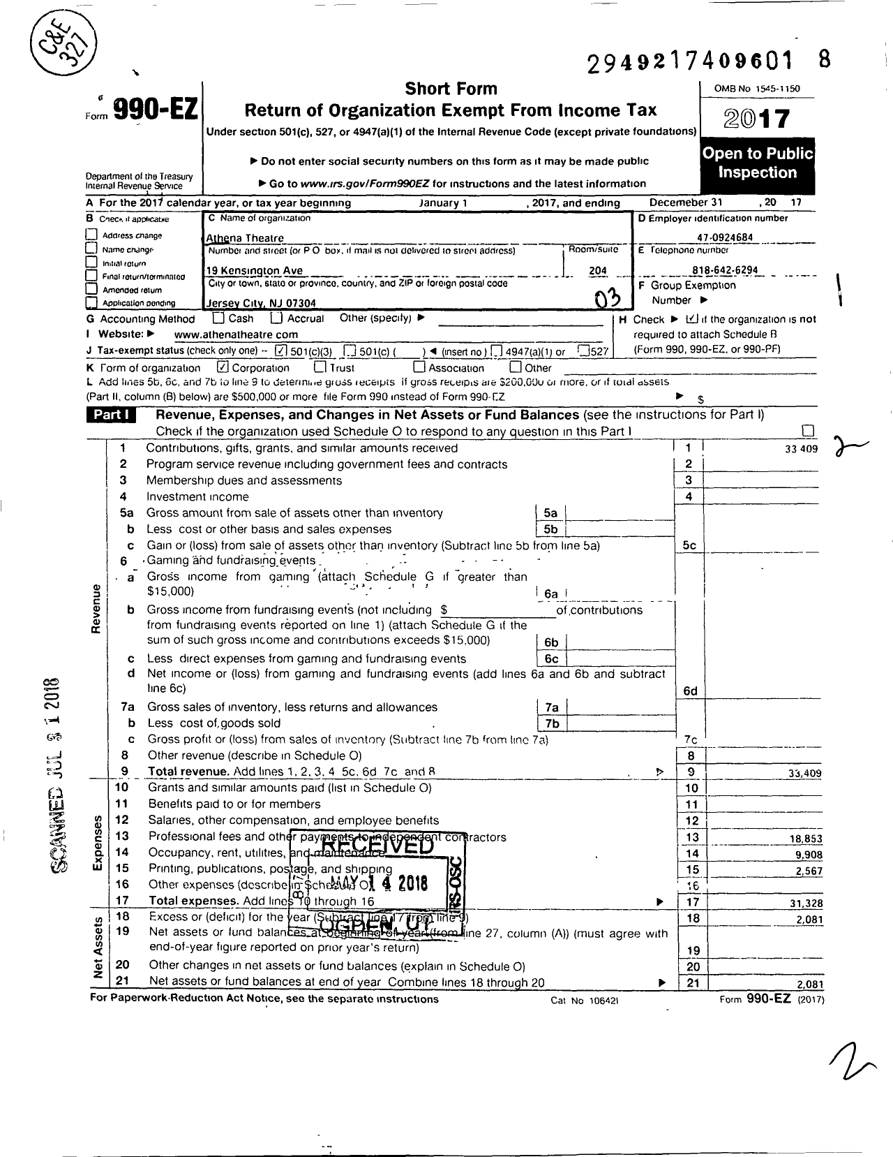 Image of first page of 2017 Form 990EZ for Athena Theatre