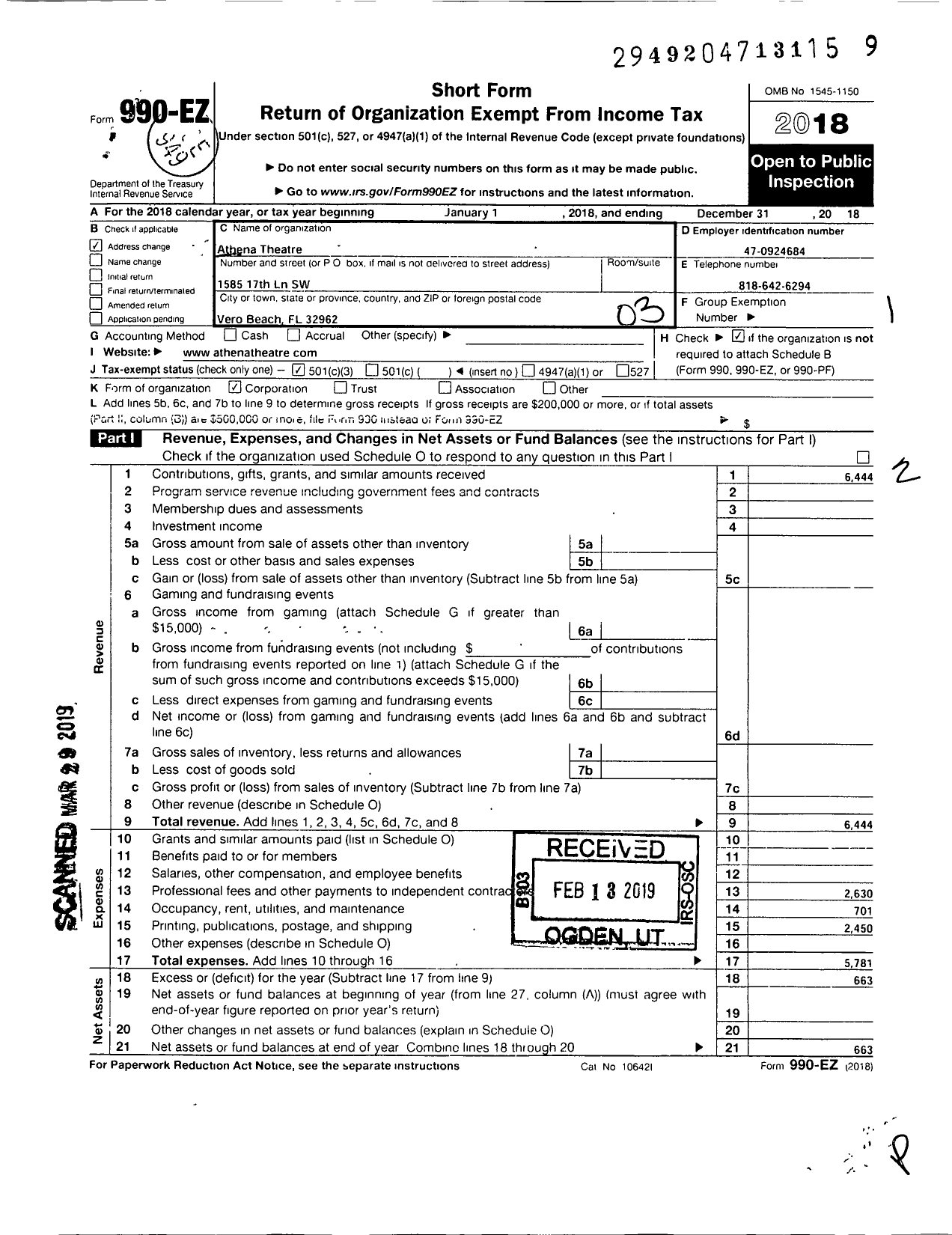 Image of first page of 2018 Form 990EZ for Athena Theatre