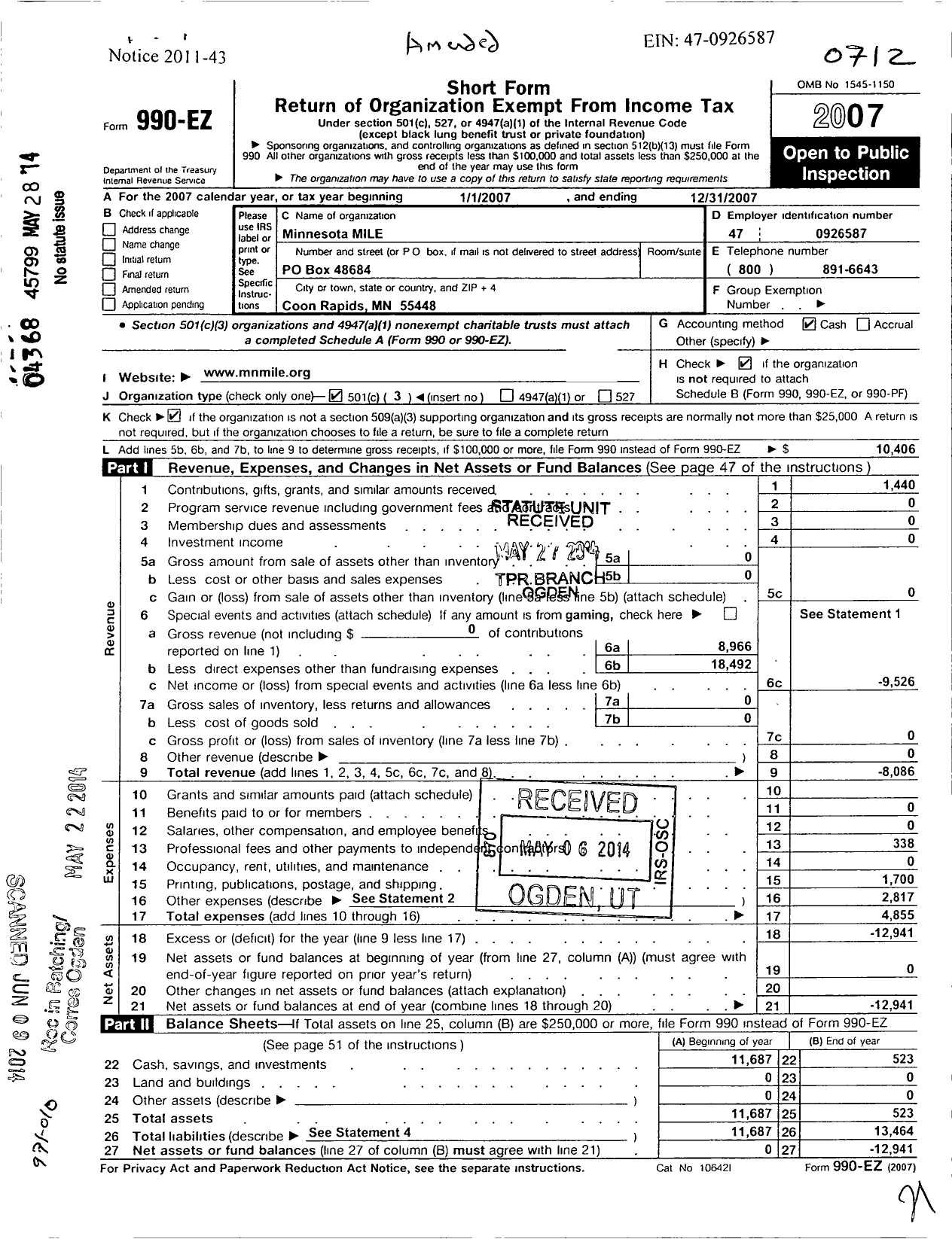 Image of first page of 2007 Form 990EZ for Minnesota Mile