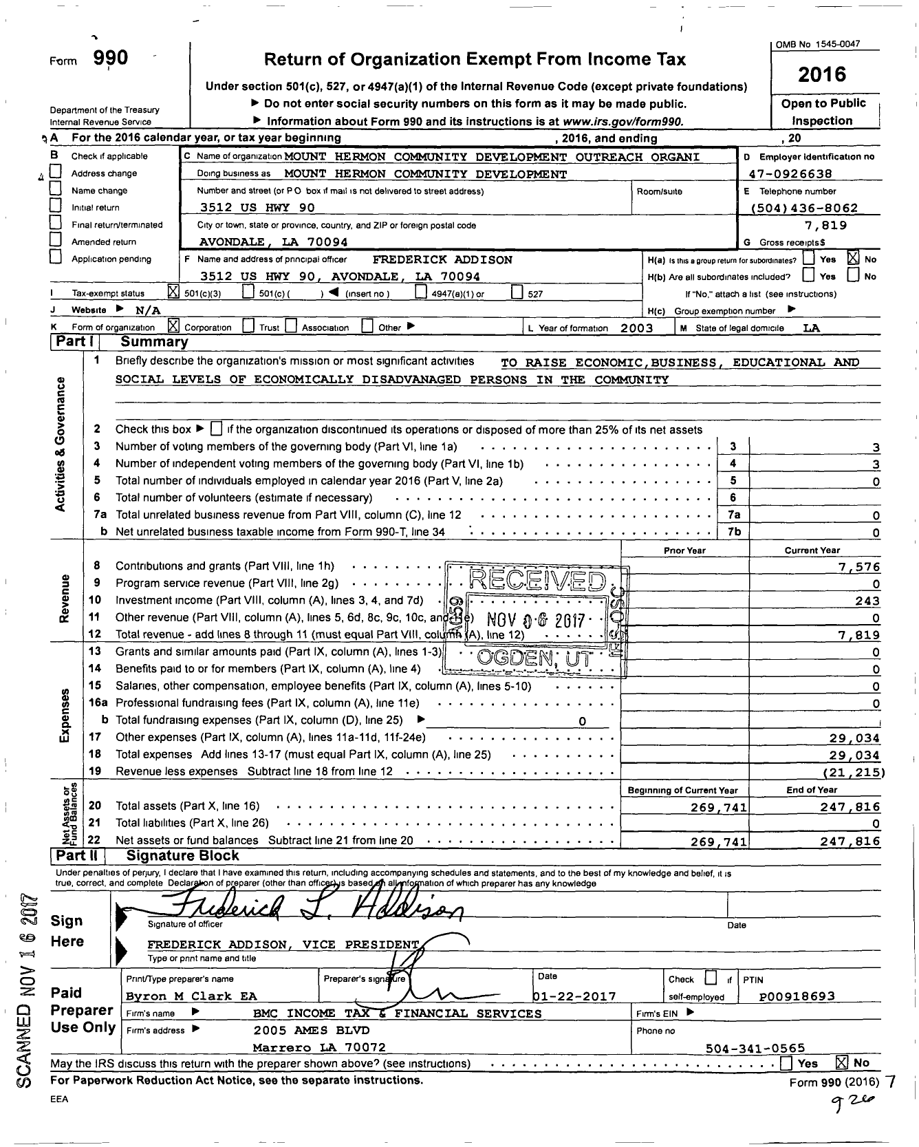 Image of first page of 2016 Form 990 for Mount Hermon Community Development