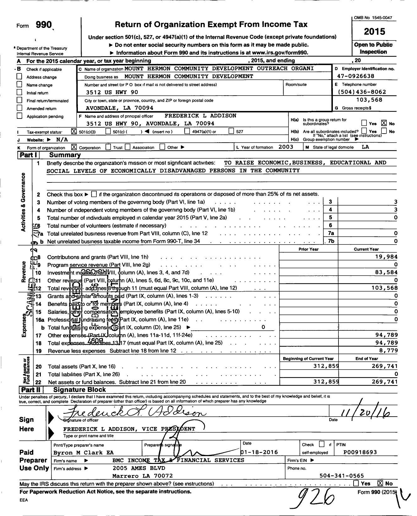 Image of first page of 2015 Form 990 for Mount Hermon Community Development