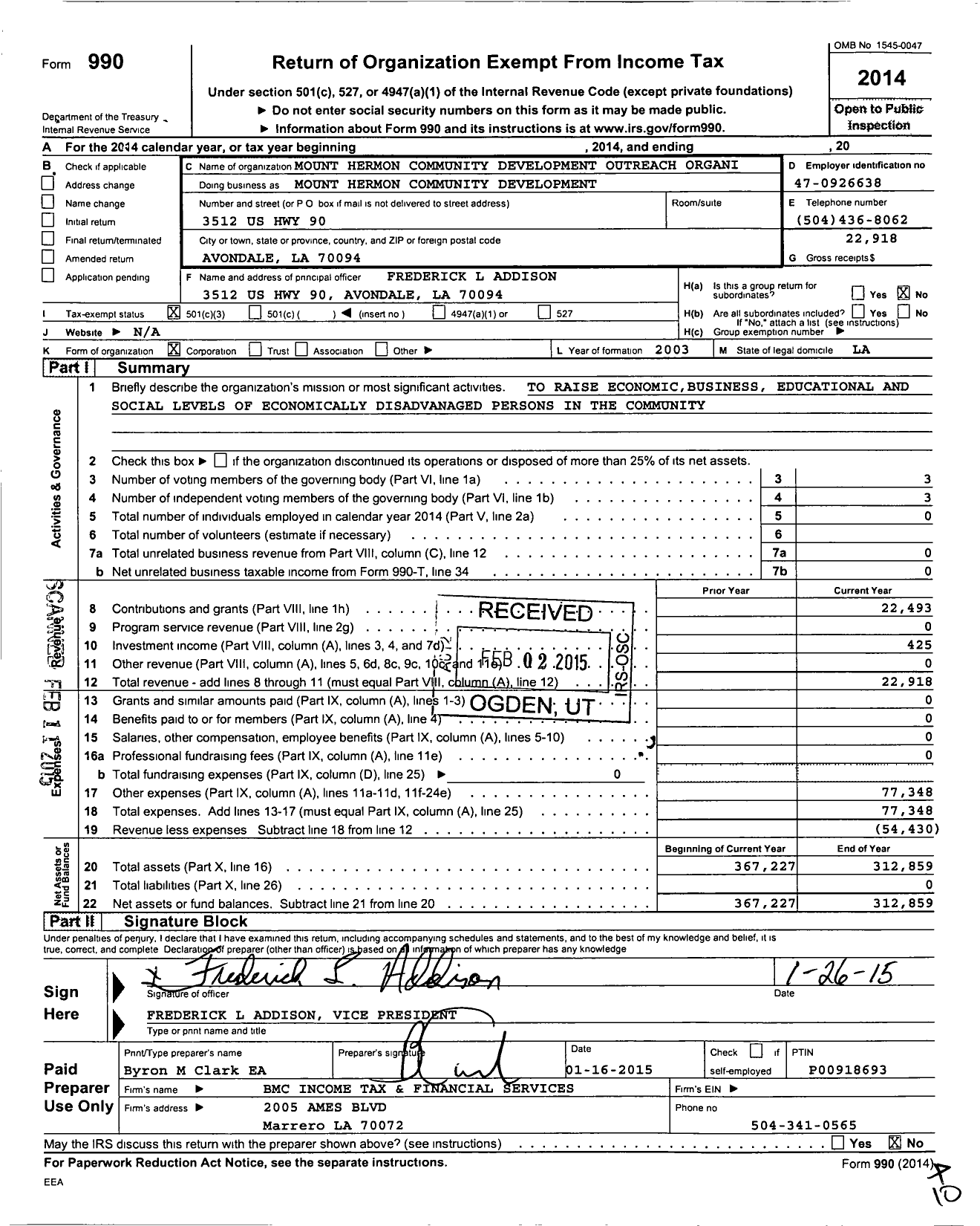 Image of first page of 2014 Form 990 for Mount Hermon Community Development