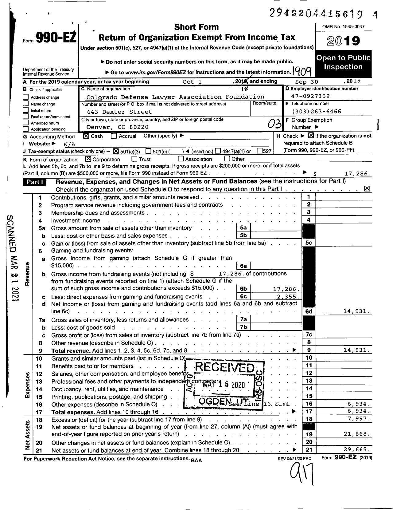 Image of first page of 2018 Form 990EZ for Colorado Defense Lawyers Association Foundation