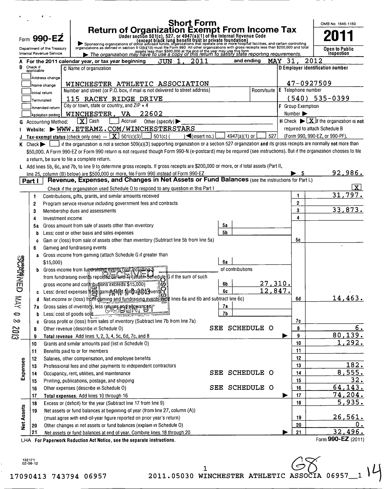 Image of first page of 2011 Form 990EZ for Winchester Athletic Association