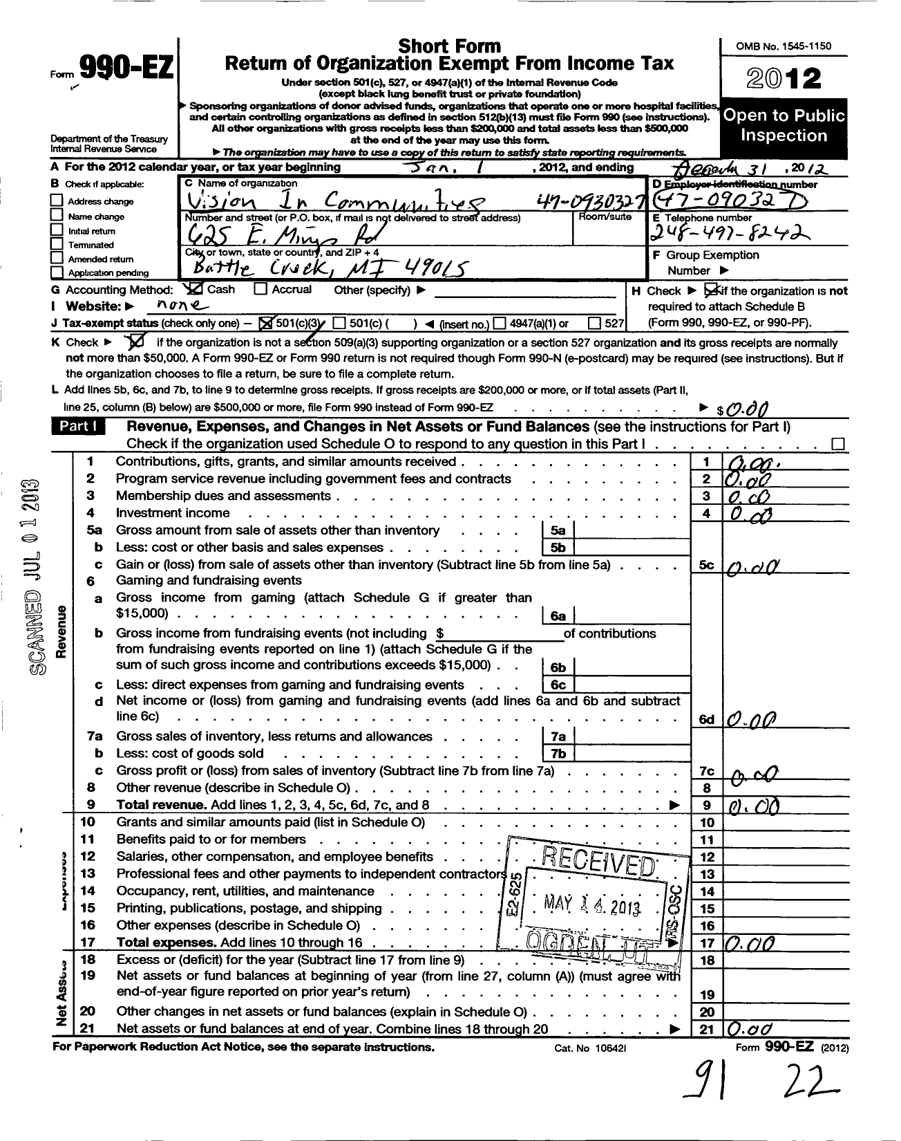 Image of first page of 2012 Form 990EZ for Vision in Communities