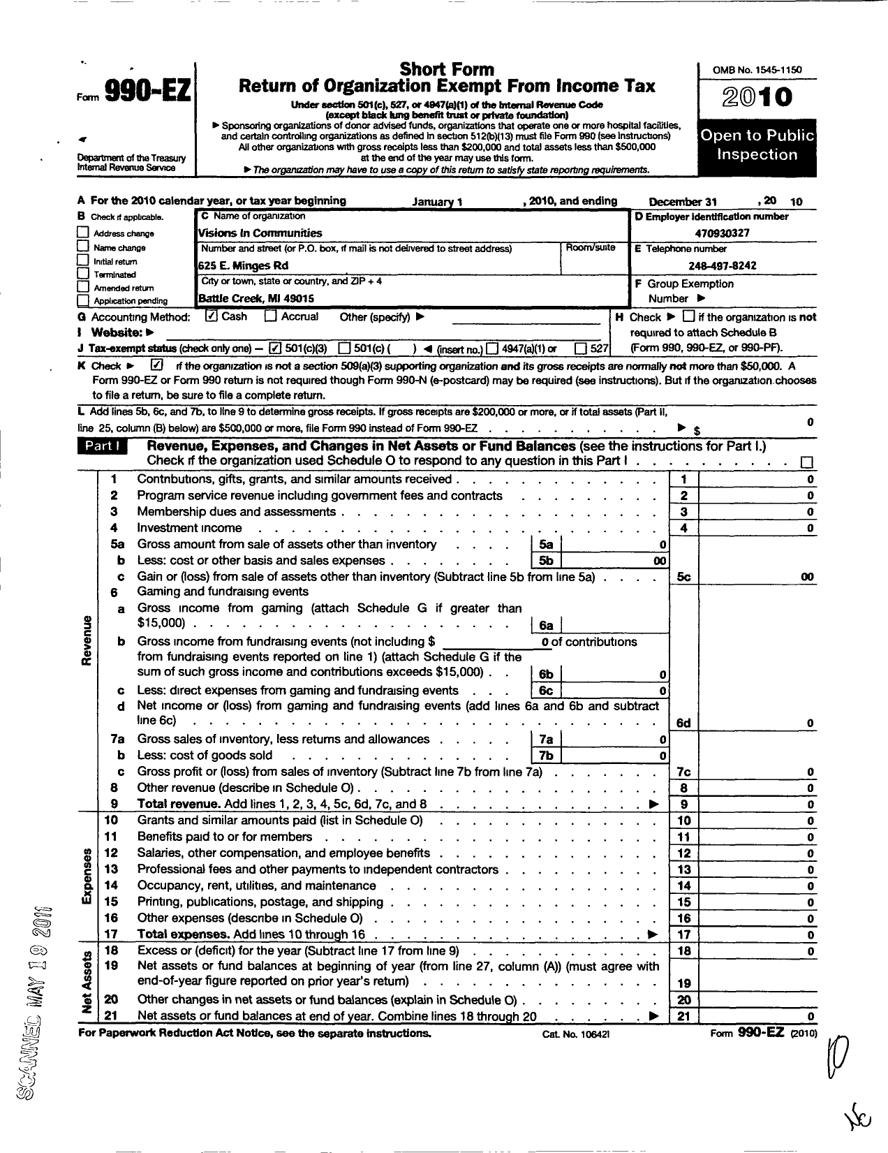 Image of first page of 2010 Form 990EZ for Vision in Communities