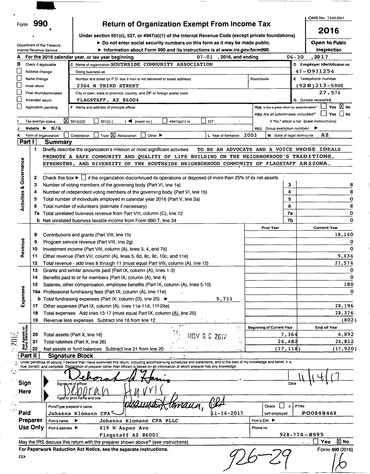 Image of first page of 2016 Form 990 for Southside Community Association