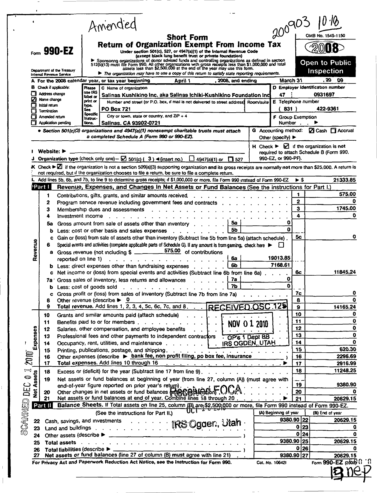 Image of first page of 2008 Form 990EZ for Salinas Kushikino