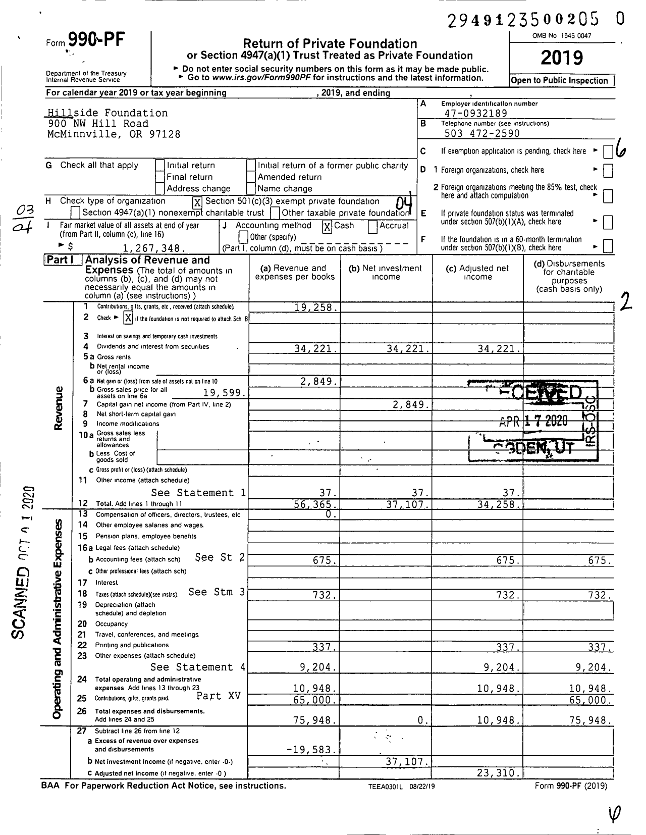 Image of first page of 2019 Form 990PR for Hillside Foundation