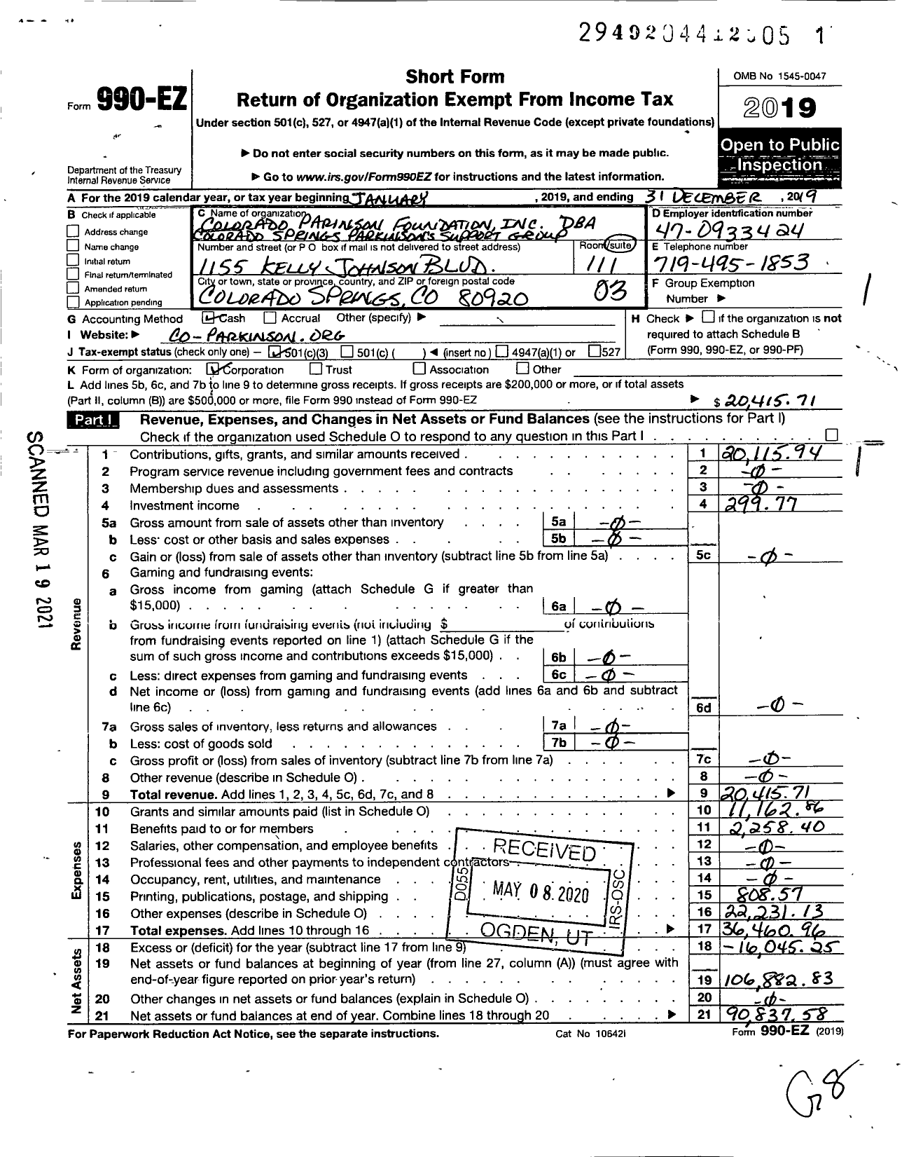 Image of first page of 2019 Form 990EZ for Colorado Parkinson Foundation