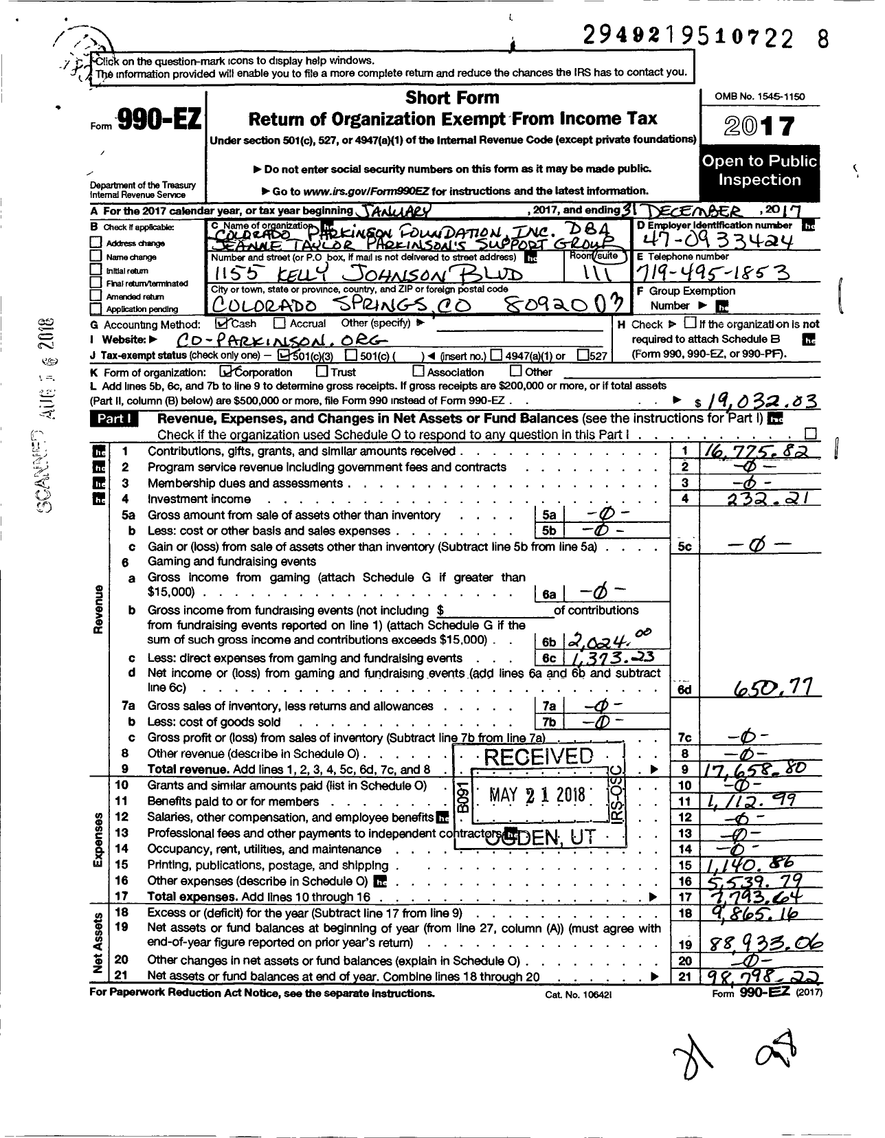 Image of first page of 2017 Form 990EZ for Colorado Parkinson Foundation