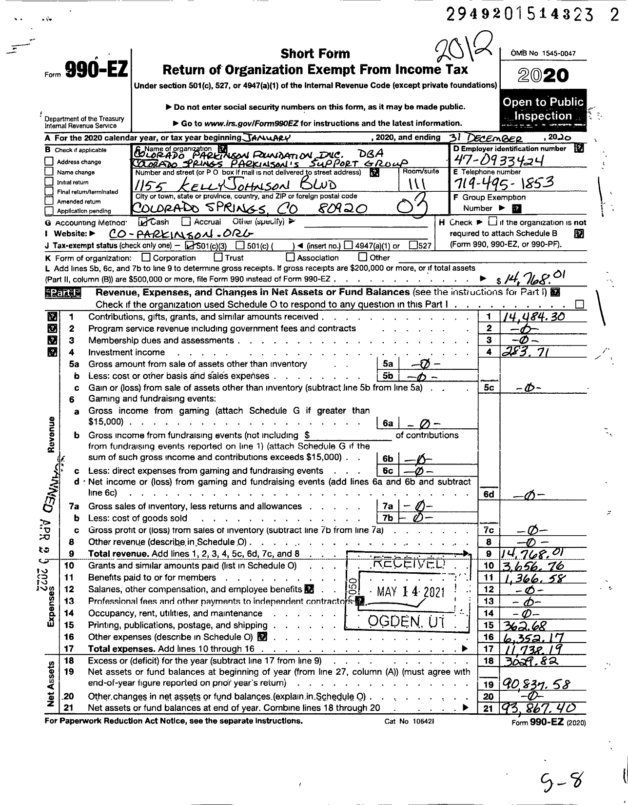 Image of first page of 2020 Form 990EZ for Colorado Parkinson Foundation