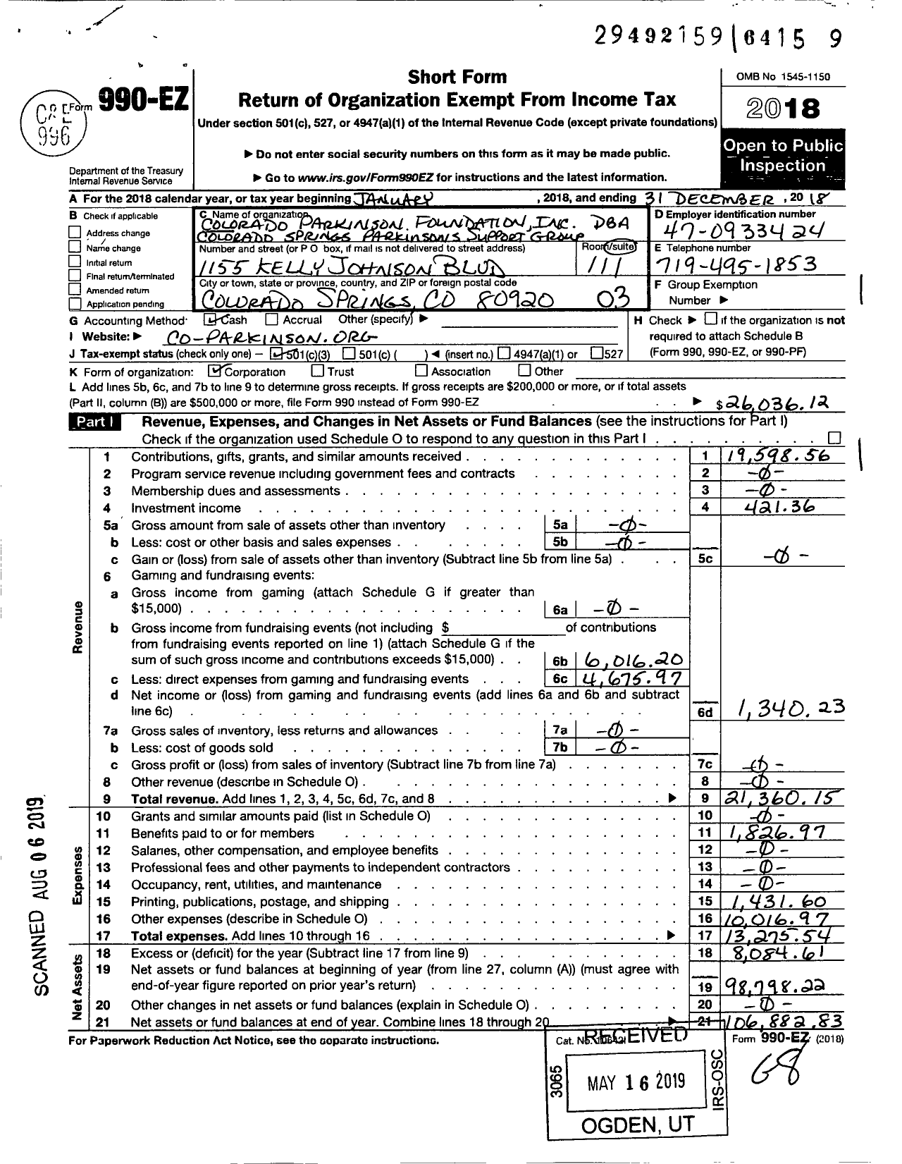 Image of first page of 2018 Form 990EZ for Colorado Parkinson Foundation