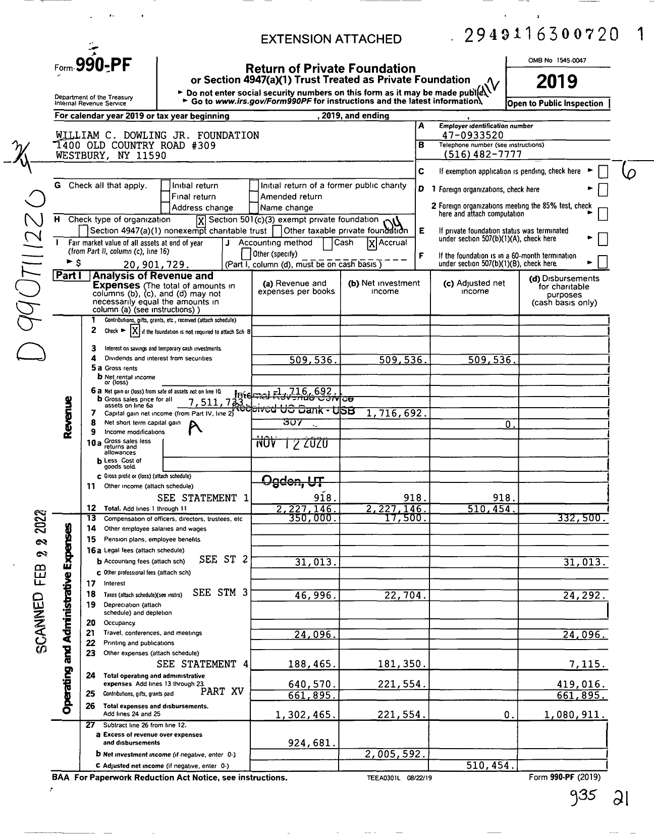 Image of first page of 2019 Form 990PF for William C Dowling JR Foundation