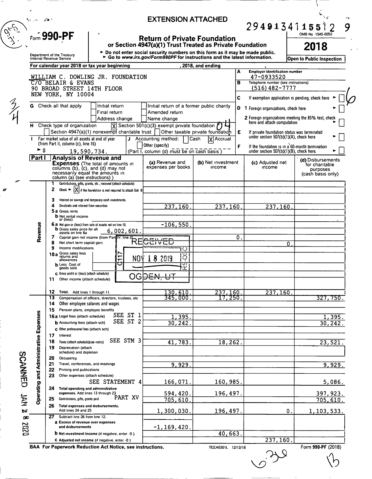 Image of first page of 2018 Form 990PF for William C Dowling JR Foundation