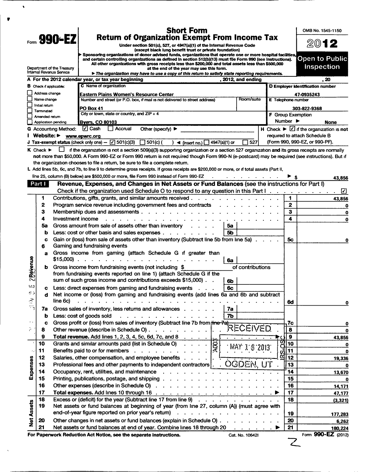 Image of first page of 2012 Form 990EZ for Eastern Plains Womens Resource Center