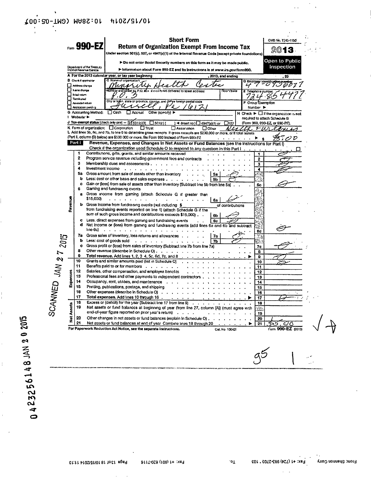 Image of first page of 2013 Form 990EZ for Minority Health Center