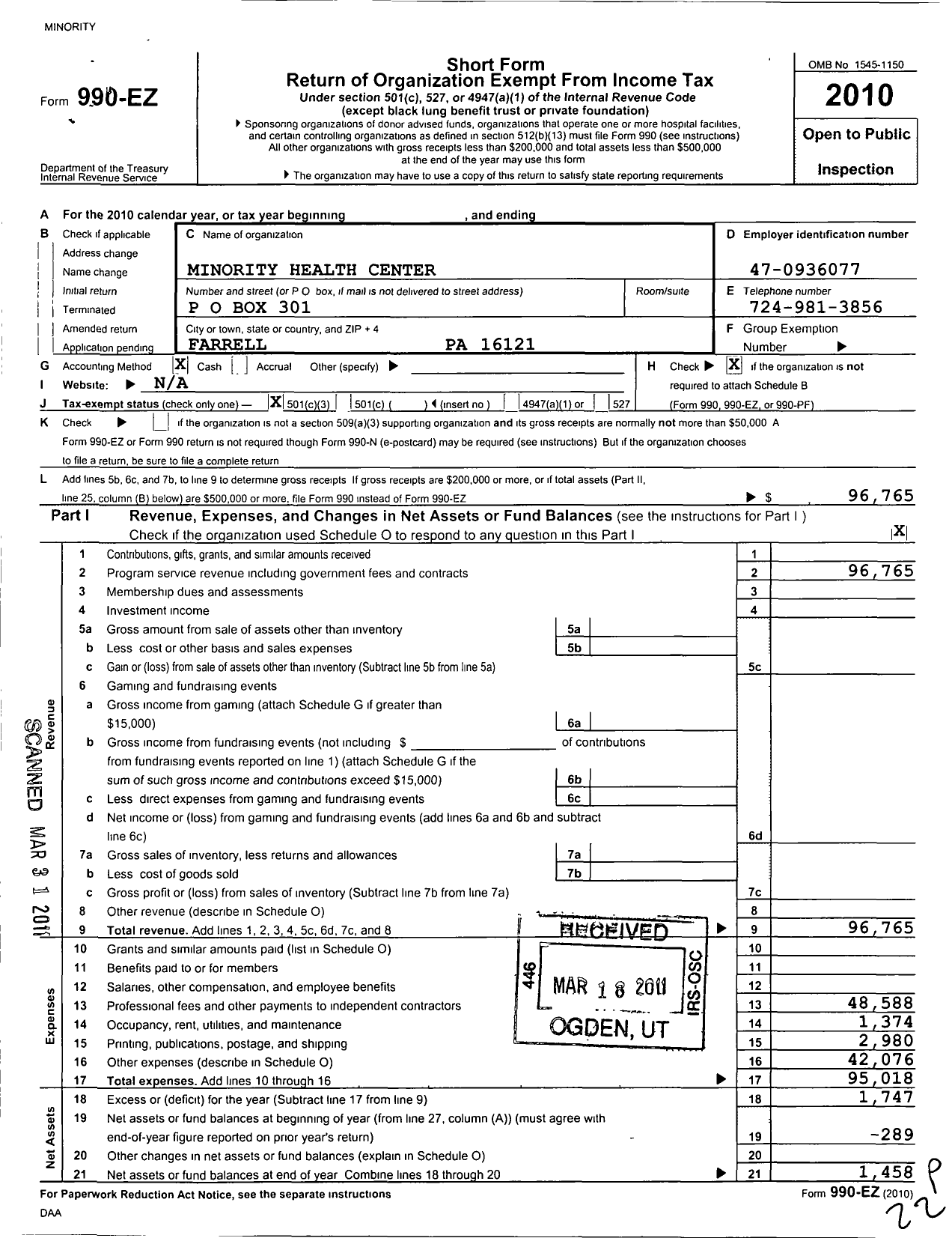 Image of first page of 2010 Form 990EZ for Minority Health Center