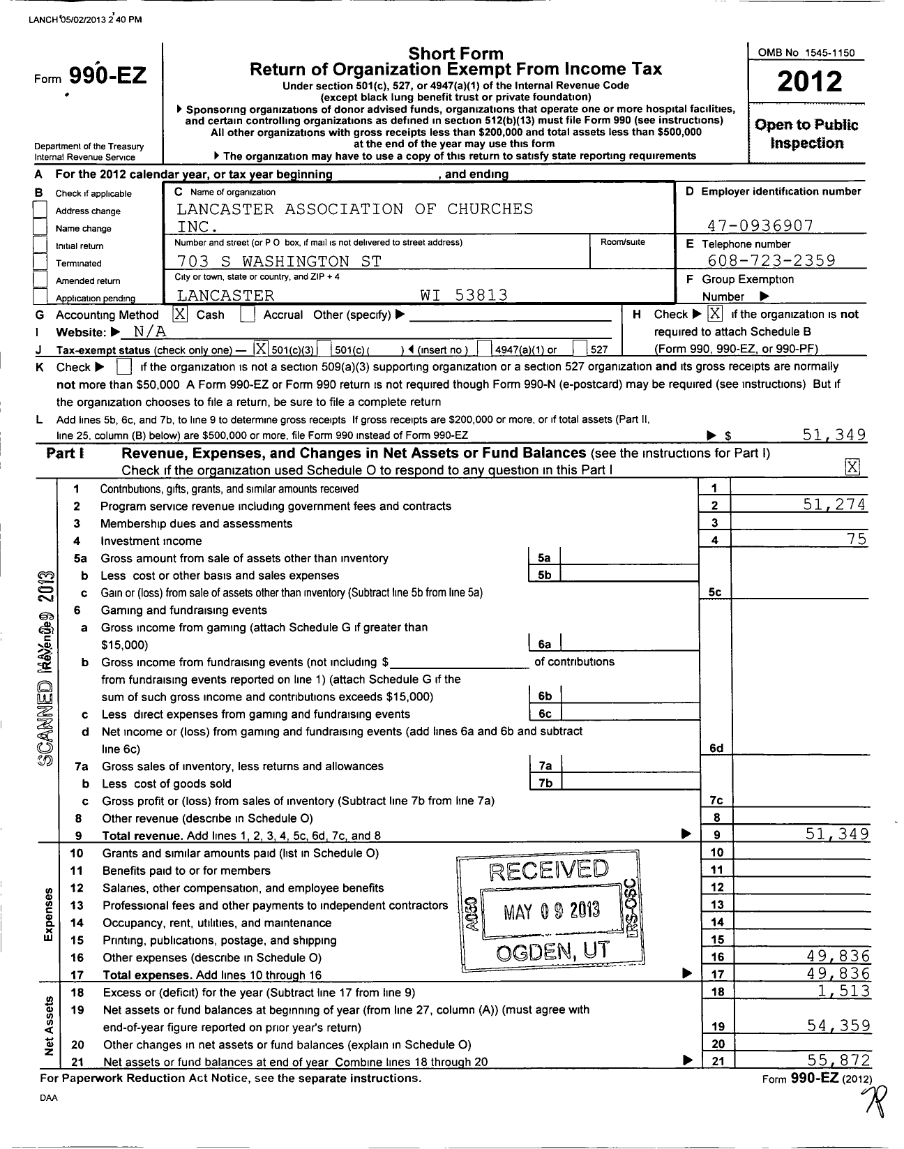 Image of first page of 2012 Form 990EZ for Lancaster Association of Churches