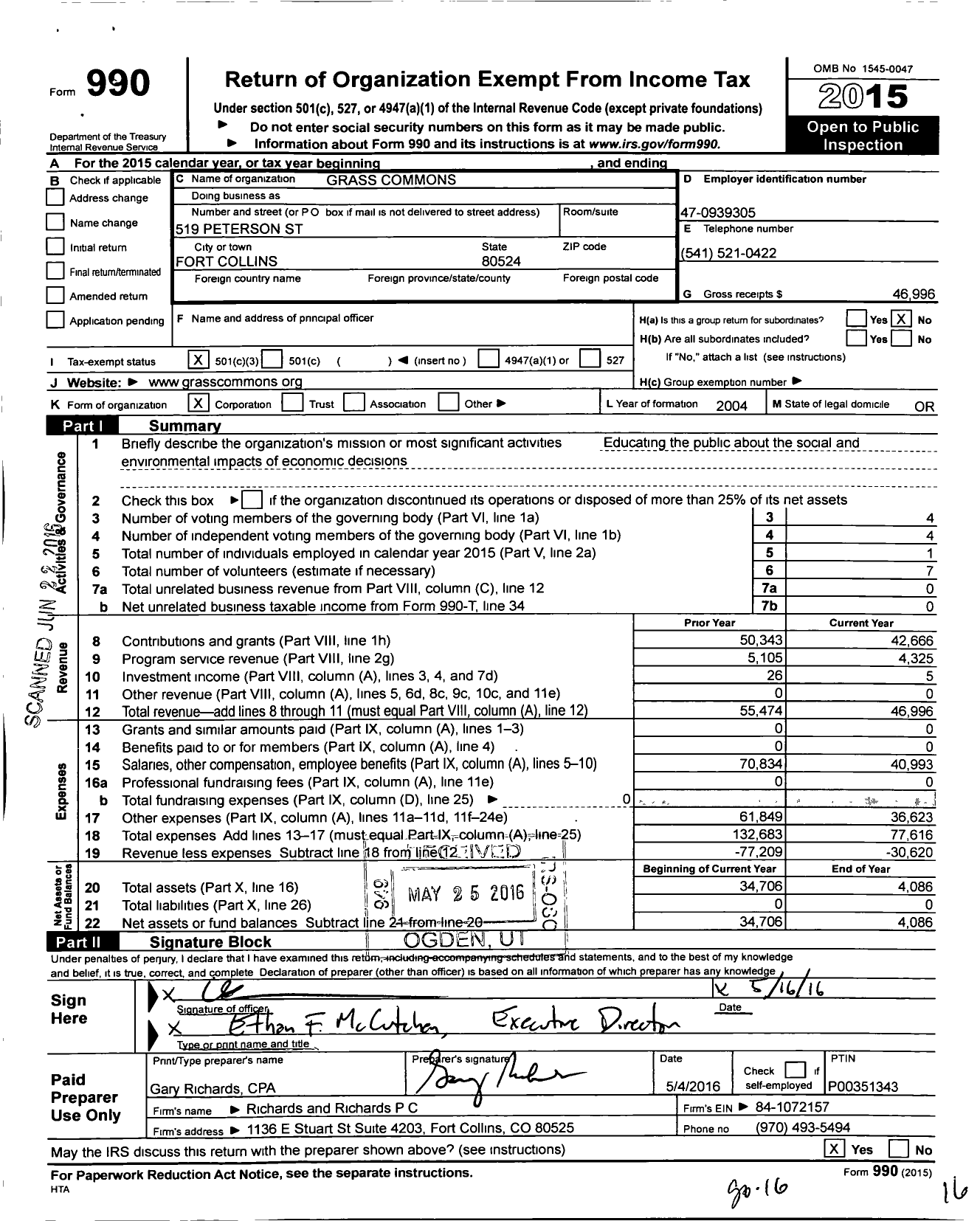 Image of first page of 2015 Form 990 for Grass Commons