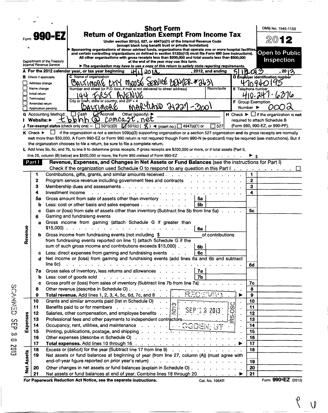 Image of first page of 2012 Form 990EO for Baltimore City Moose Service Center 2631