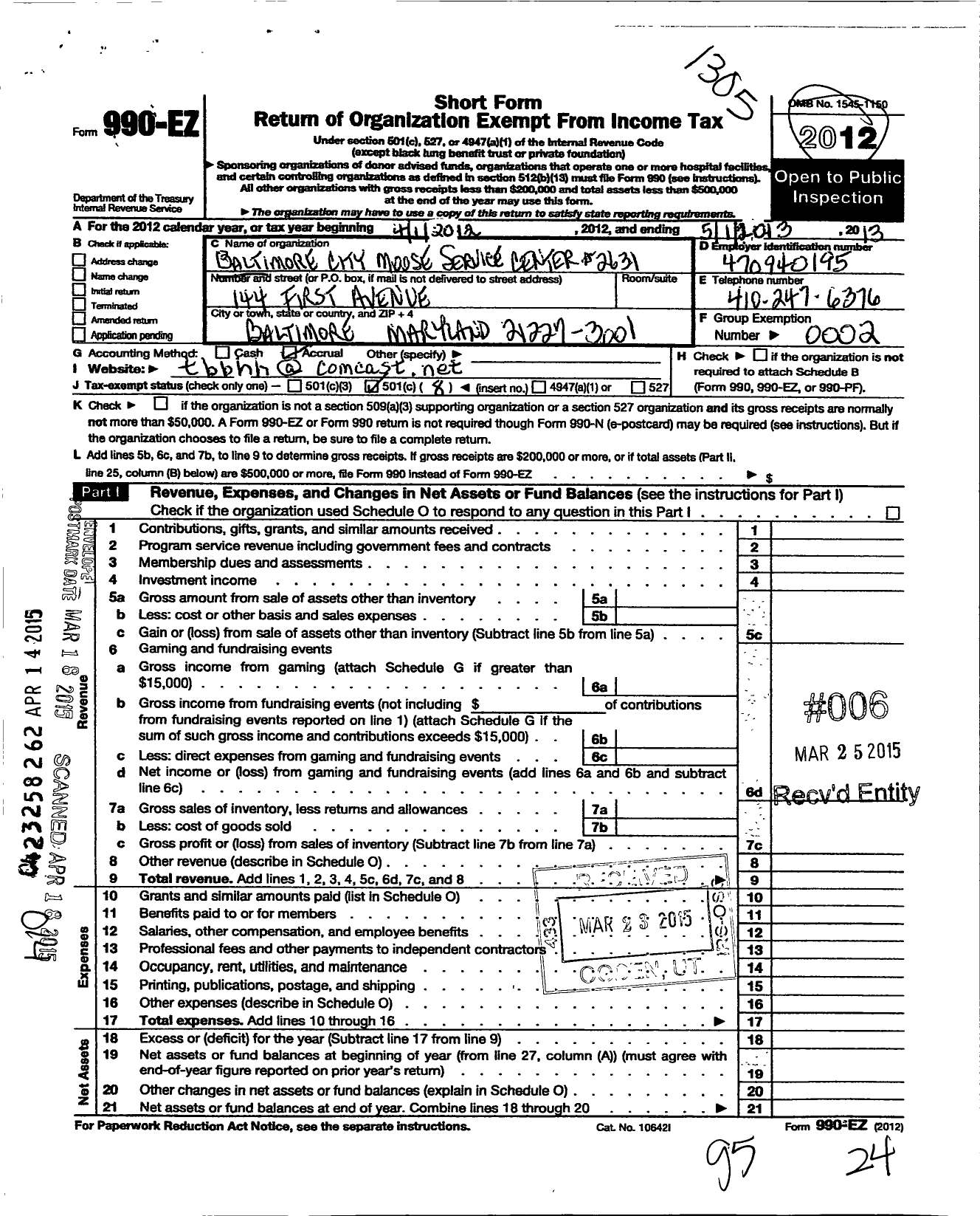 Image of first page of 2012 Form 990EO for Baltimore City Moose Service Center 2631