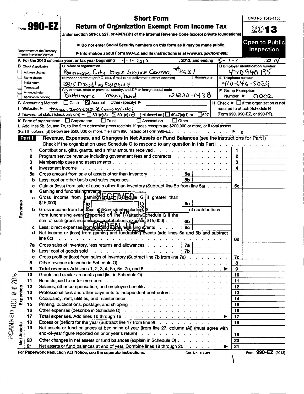 Image of first page of 2013 Form 990EO for Baltimore City Moose Service Center 2631