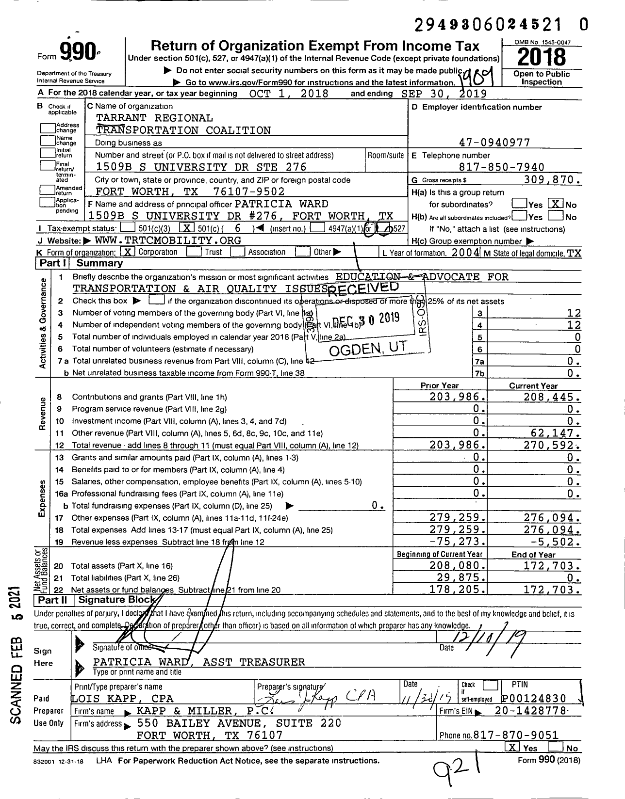 Image of first page of 2018 Form 990O for Tarrant Regional Transportation Coalition