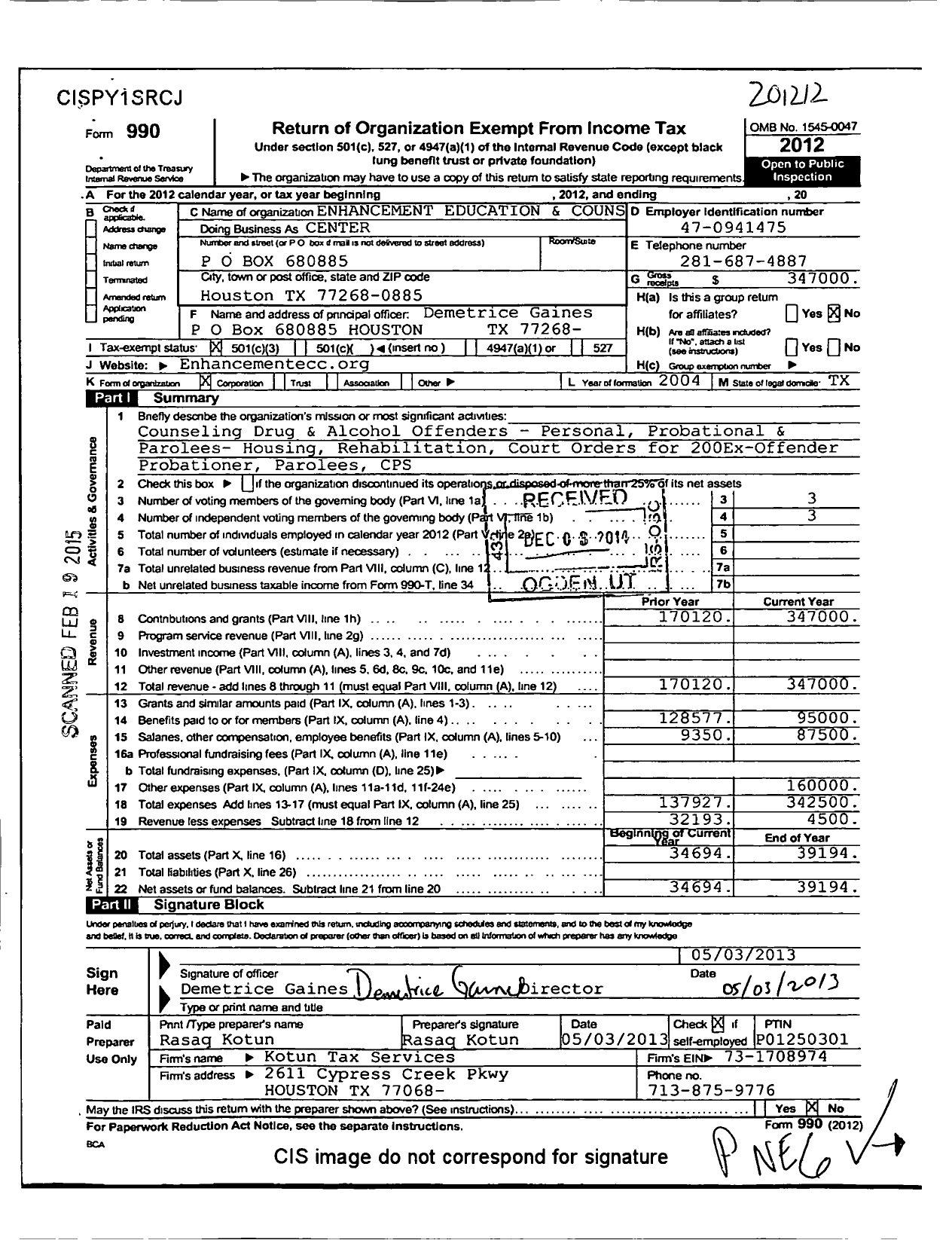 Image of first page of 2012 Form 990 for Enhancement Education and Counseling Centre