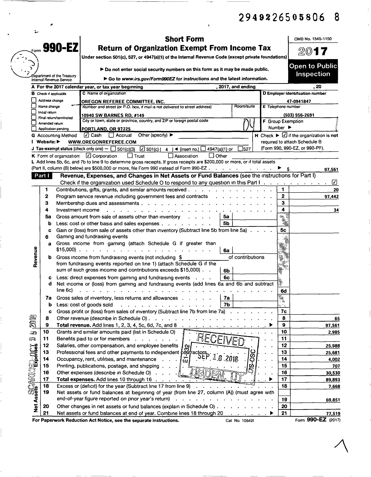 Image of first page of 2017 Form 990EO for Oregon Referee Committee