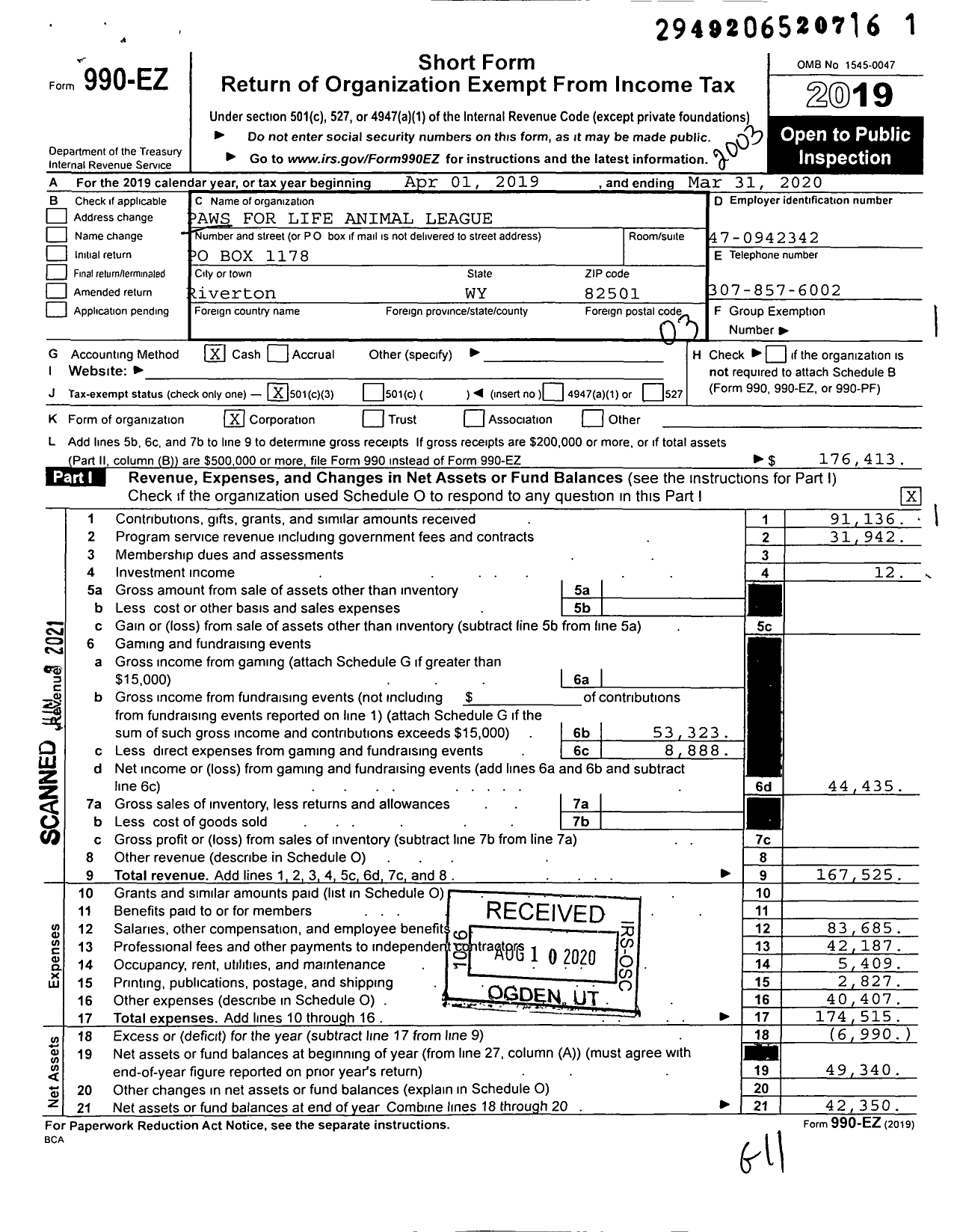 Image of first page of 2019 Form 990EZ for Paws for Life Animal League