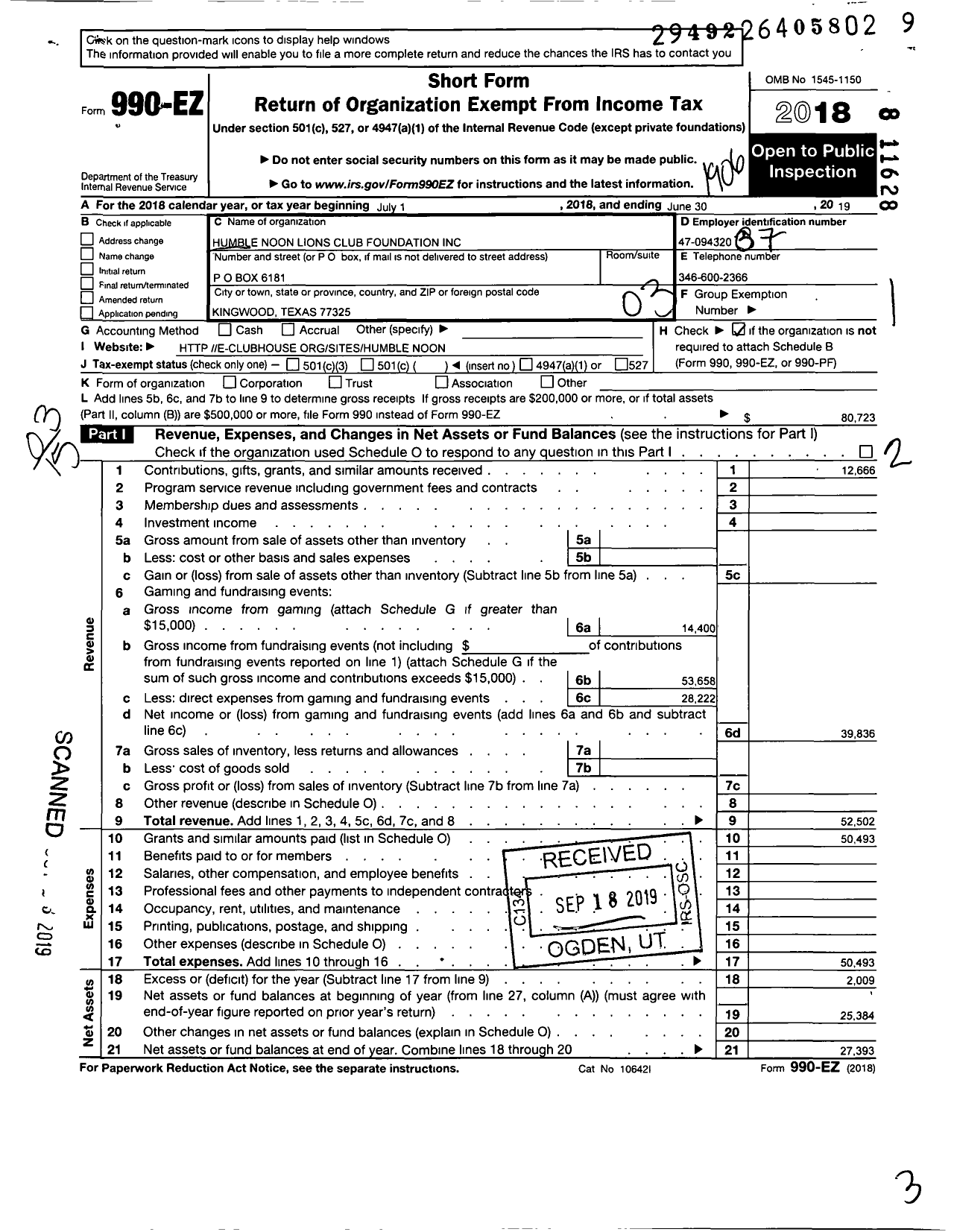 Image of first page of 2018 Form 990EZ for Humble Noon Lions Club Foundation