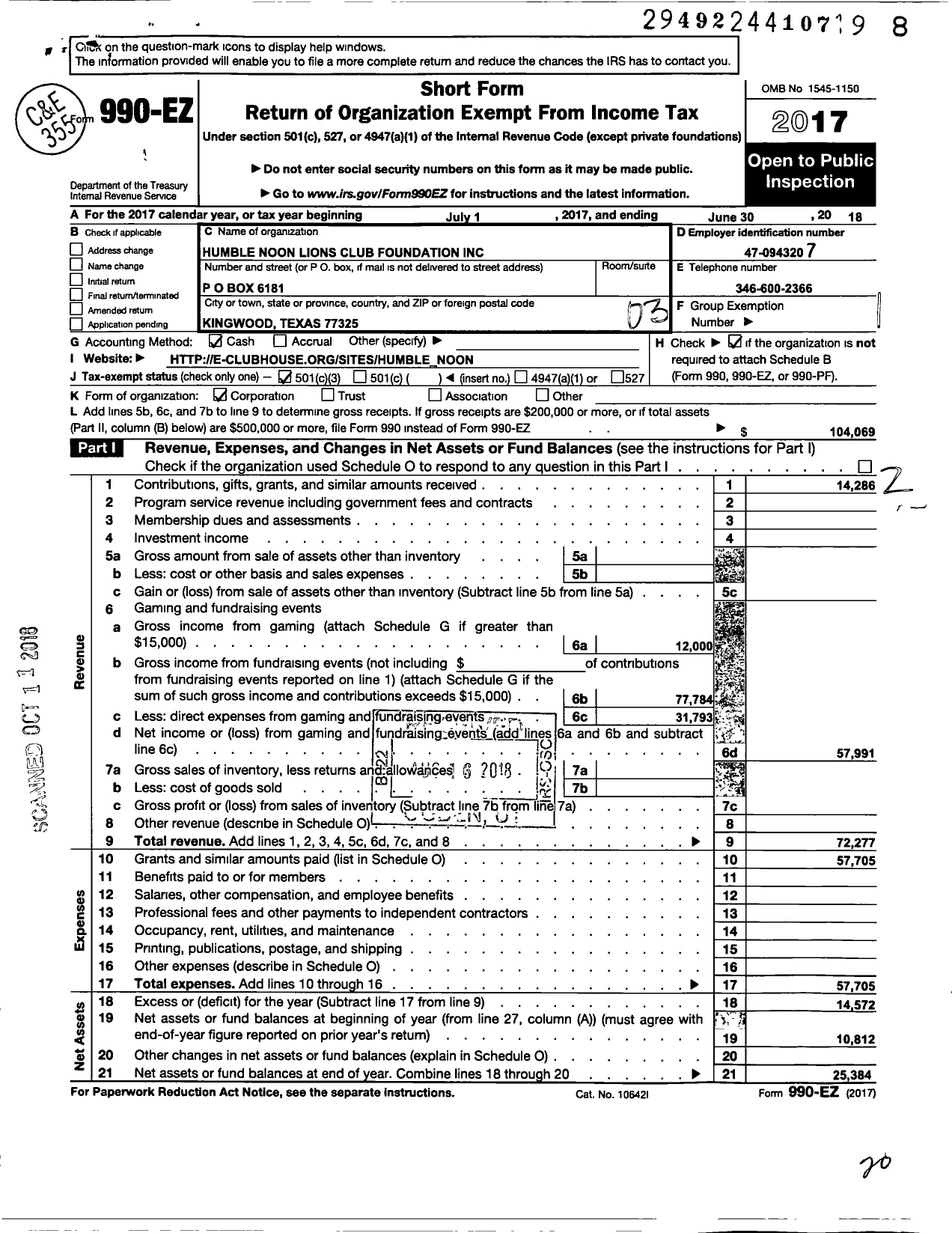 Image of first page of 2017 Form 990EZ for Humble Noon Lions Club Foundation