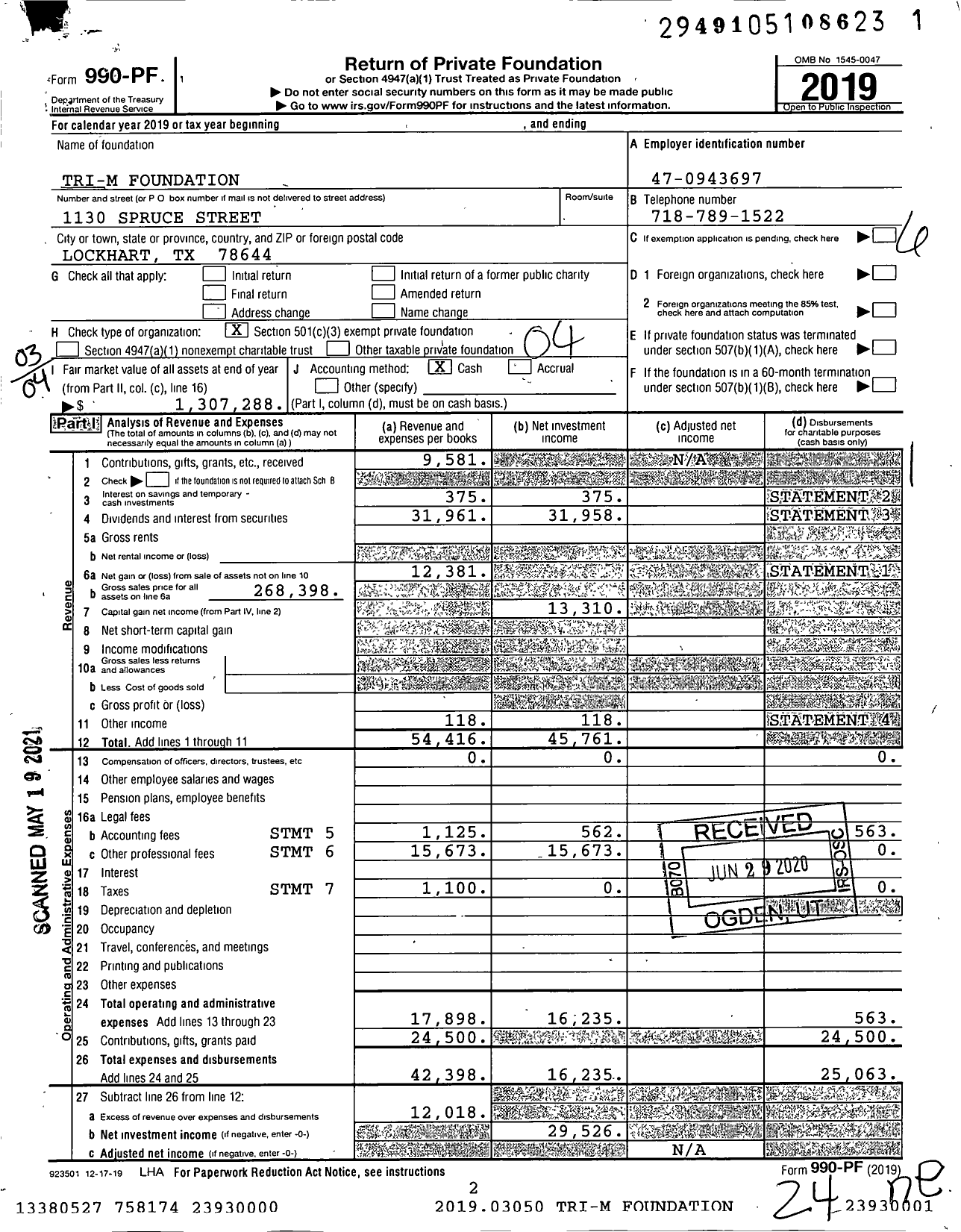 Image of first page of 2019 Form 990PF for Tri-M Foundation