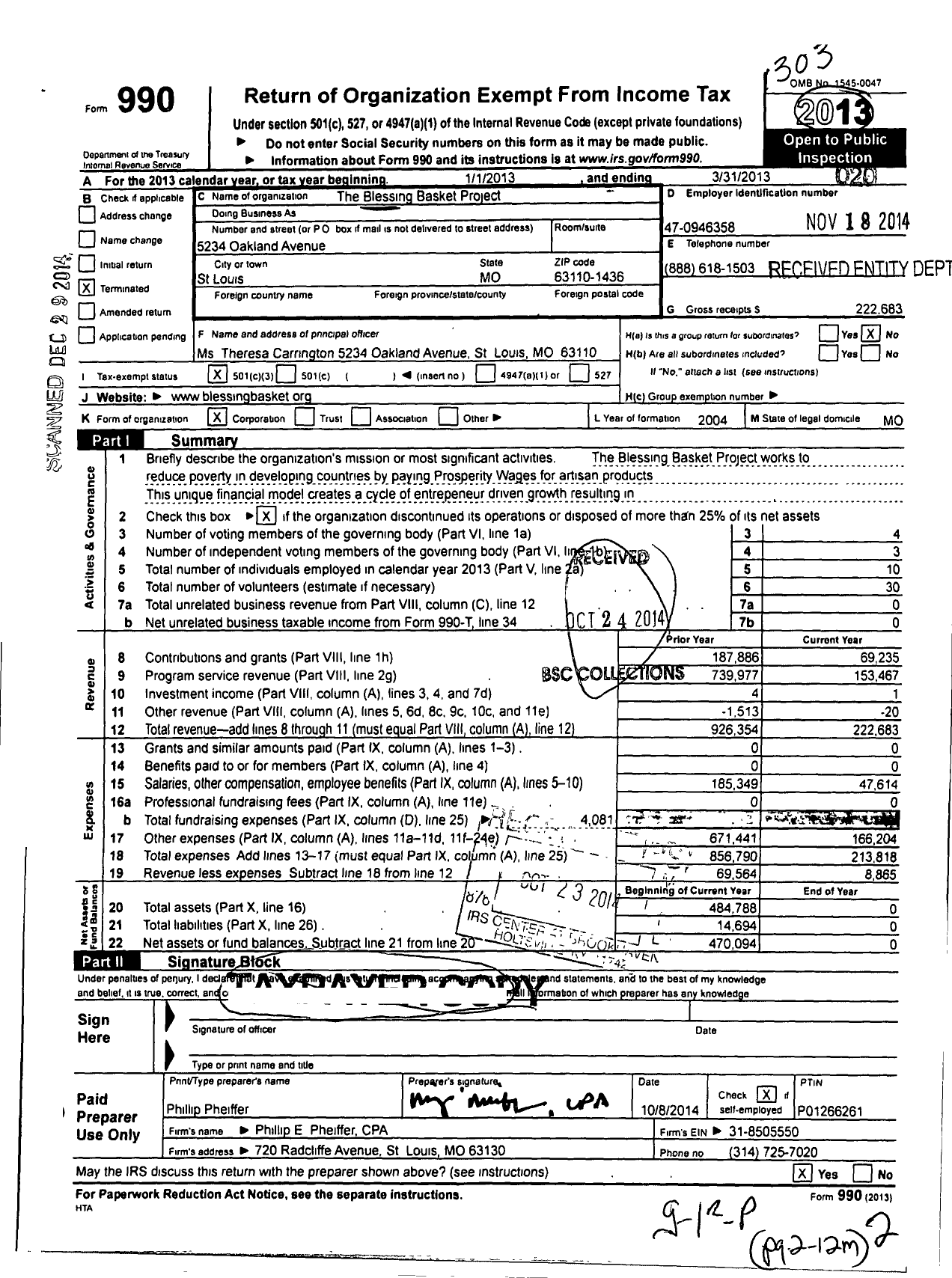 Image of first page of 2012 Form 990 for Blessing Basket Project