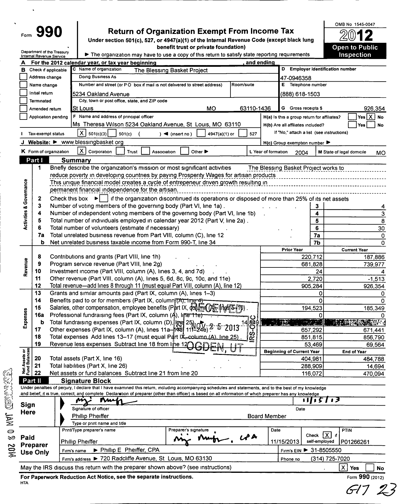 Image of first page of 2012 Form 990 for Blessing Basket Project