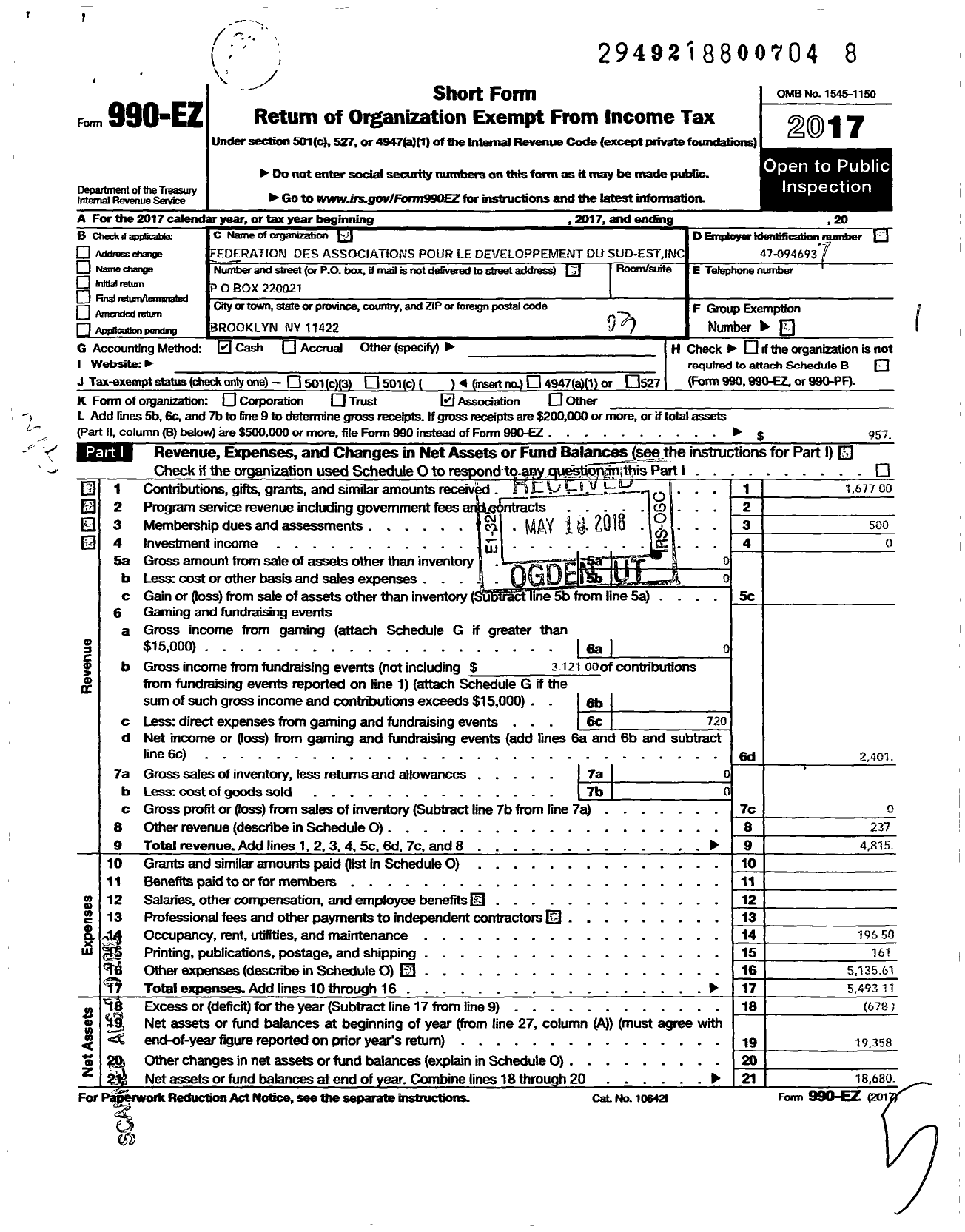 Image of first page of 2017 Form 990EZ for Federation Des Associations Pour Le Developpement Du Sud-Est