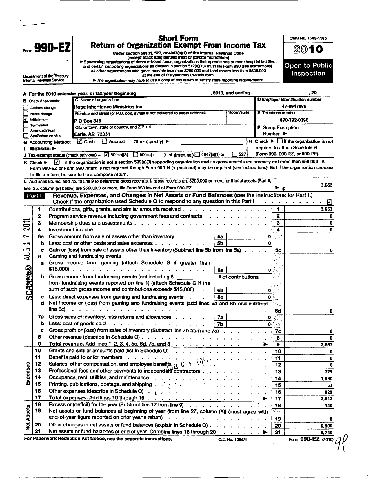 Image of first page of 2010 Form 990EZ for Hope Inheritance Ministries