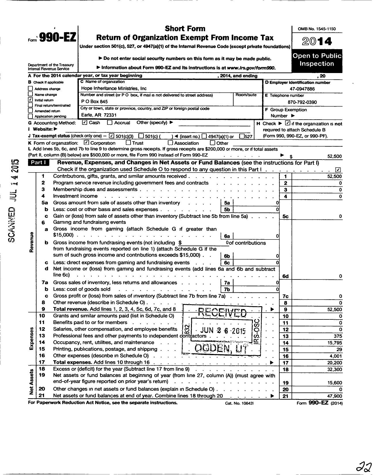 Image of first page of 2014 Form 990EZ for Hope Inheritance Ministries