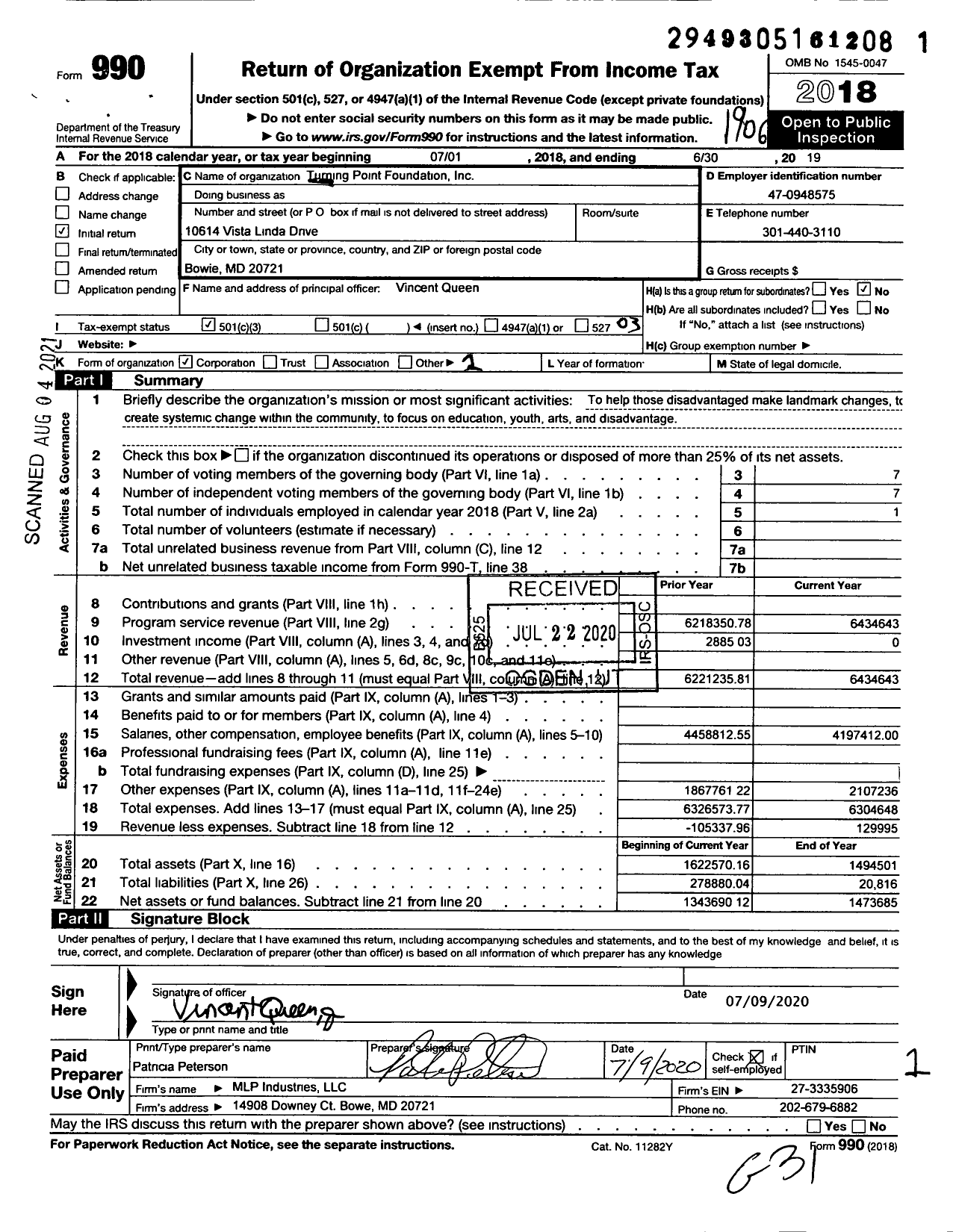 Image of first page of 2018 Form 990 for Turning Point Foundation